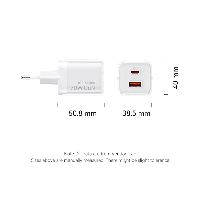 Vention 2-Port USB (C + A) GaN Charger (70W/22.5W) EU-Plug Transparent Gray、mySite、fannypackpong