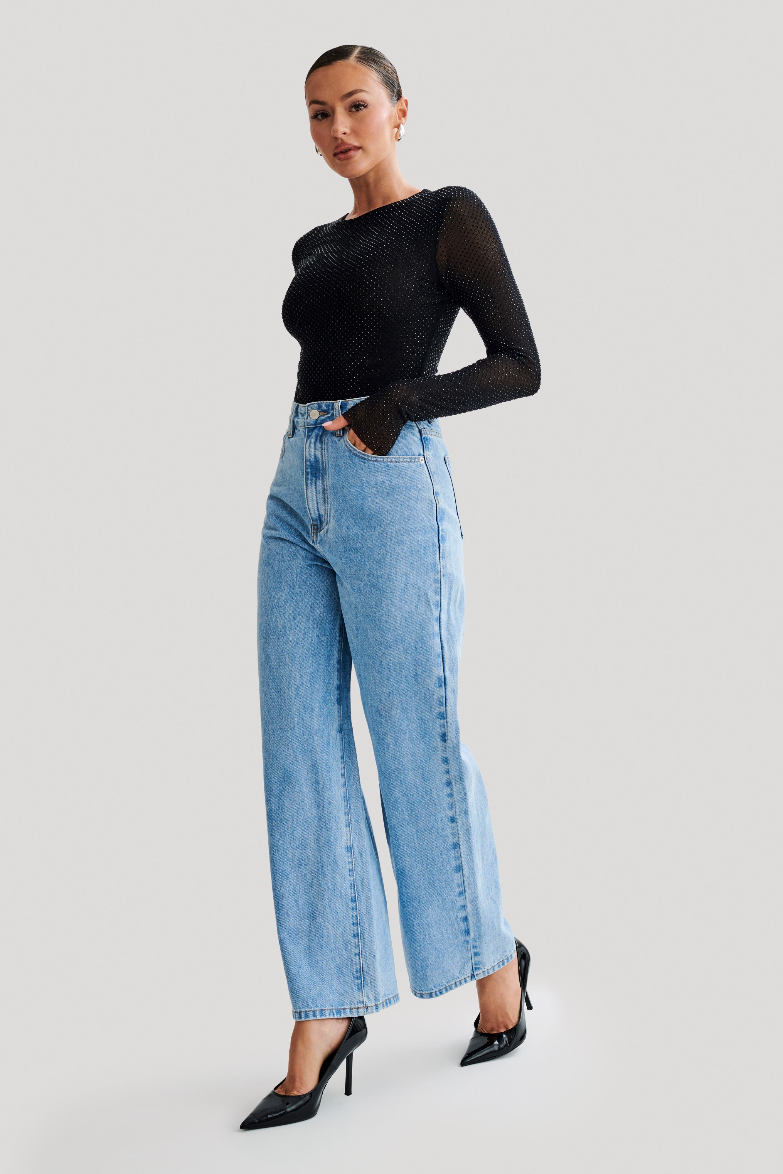 Selma Long Sleeve Diamante Bodysuit - Black/Black、mySite、solidvoid