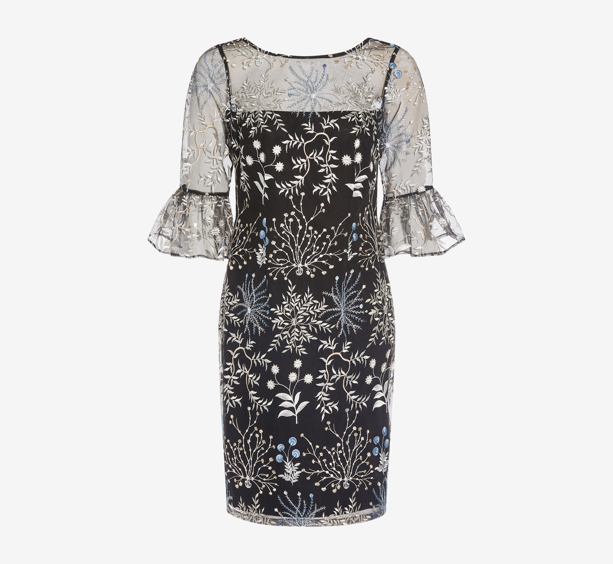 Embroidered Three Quarter Sleeve Short Sheath Dress With Bell Sleeves In Blue Multi、mySite、solidvoid