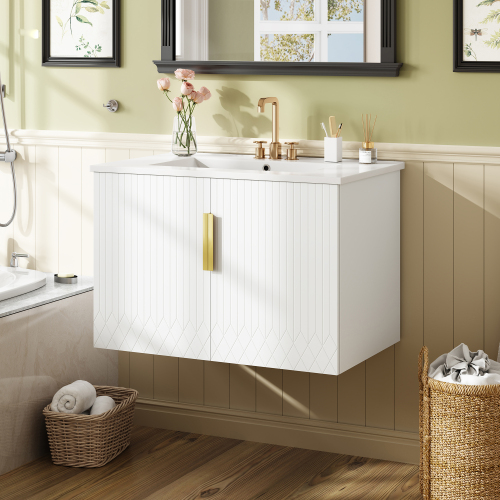 30" Vintage Bathroom Vanity with Ceramic Sink, with 3 Holes Single Ceramic Sink, Bathroom Storage Vanity Cabinet with 2 Soft Closing Doors、、xpatfood