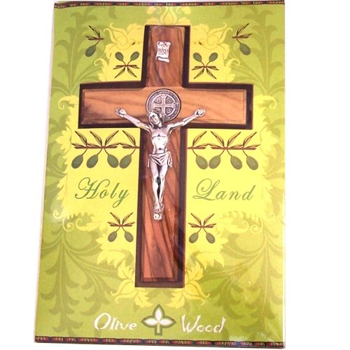  Saint Benedict olive wood Crucifix with Pewter grade Corpus and Saint Benedict Medal- 14cm - 5.5 inches with Certificate and gift package、mySite、elrpsem3k