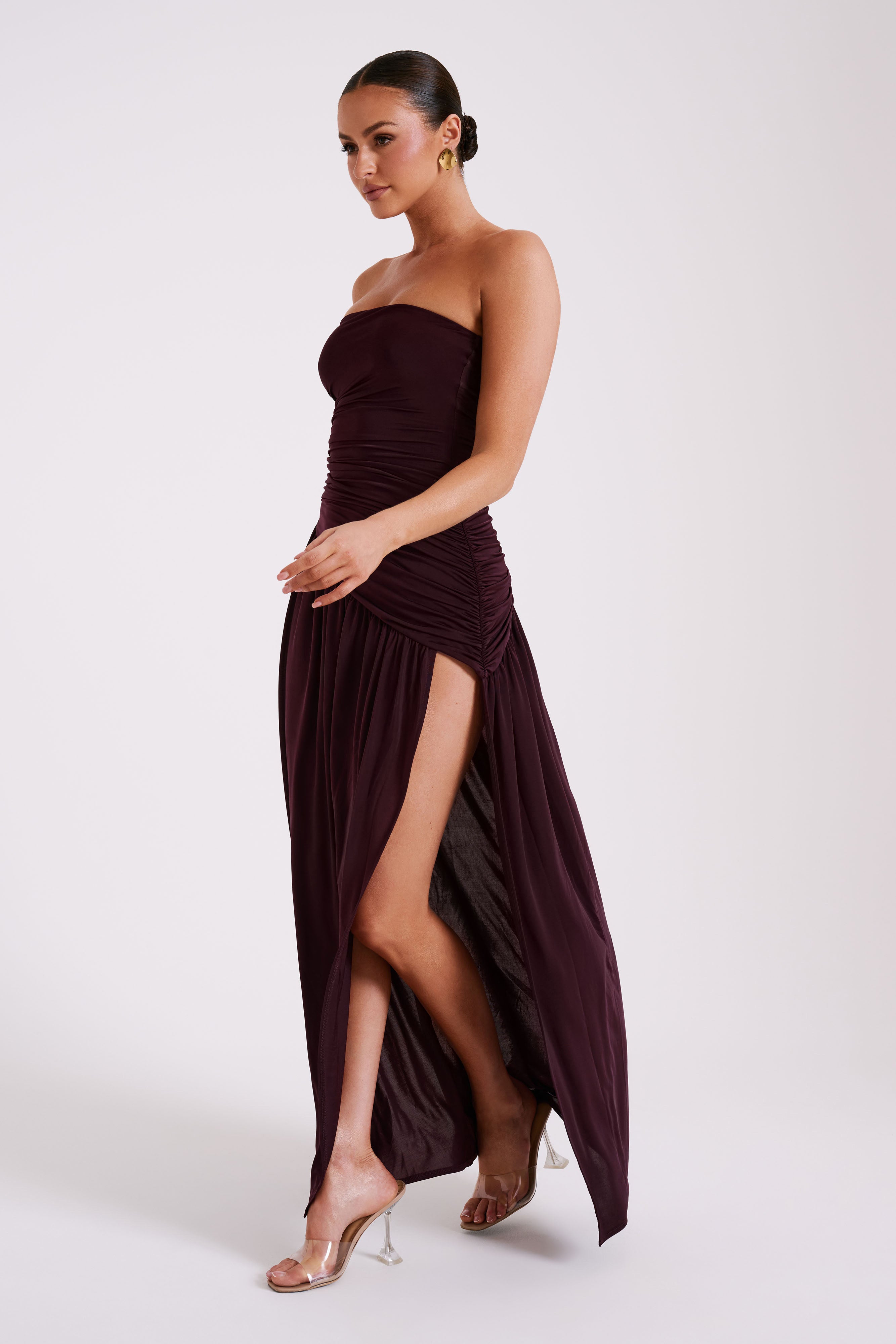 Bex Strapless Slinky Maxi Dress With Split - Burgundy、mySite、solidvoid