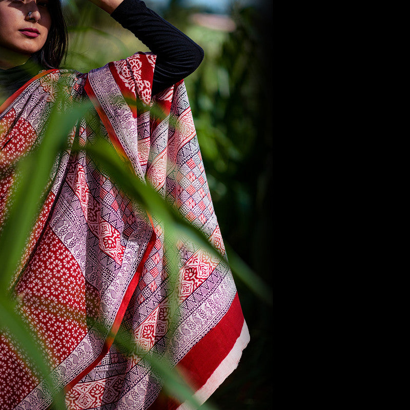 Mulmul Saree | Handblock Printed Saree | Bagh Print Motifs | Red、mySite、camillekostekn