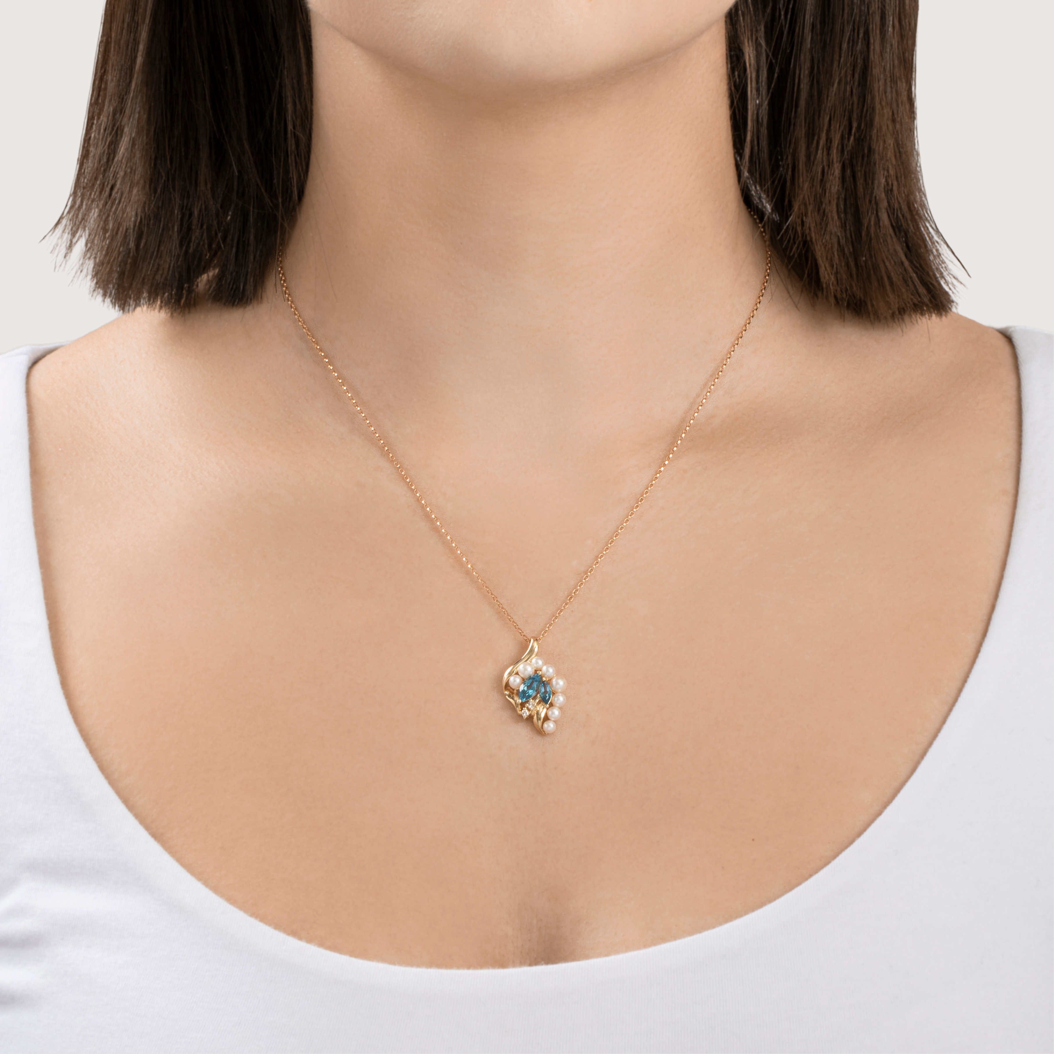 Vintage 14k Yellow Gold Blue Topaz Pearl Diamond Foliate Cluster Pendant、mySite、hinf8tx79