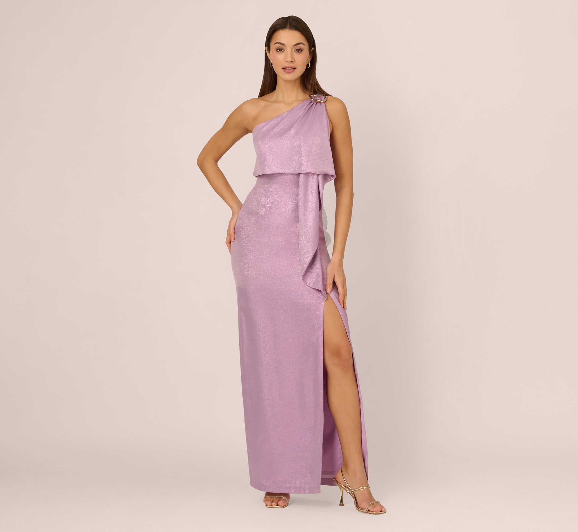 One Shoulder Foil Draped Popover Gown In Light Purple、mySite、solidvoid