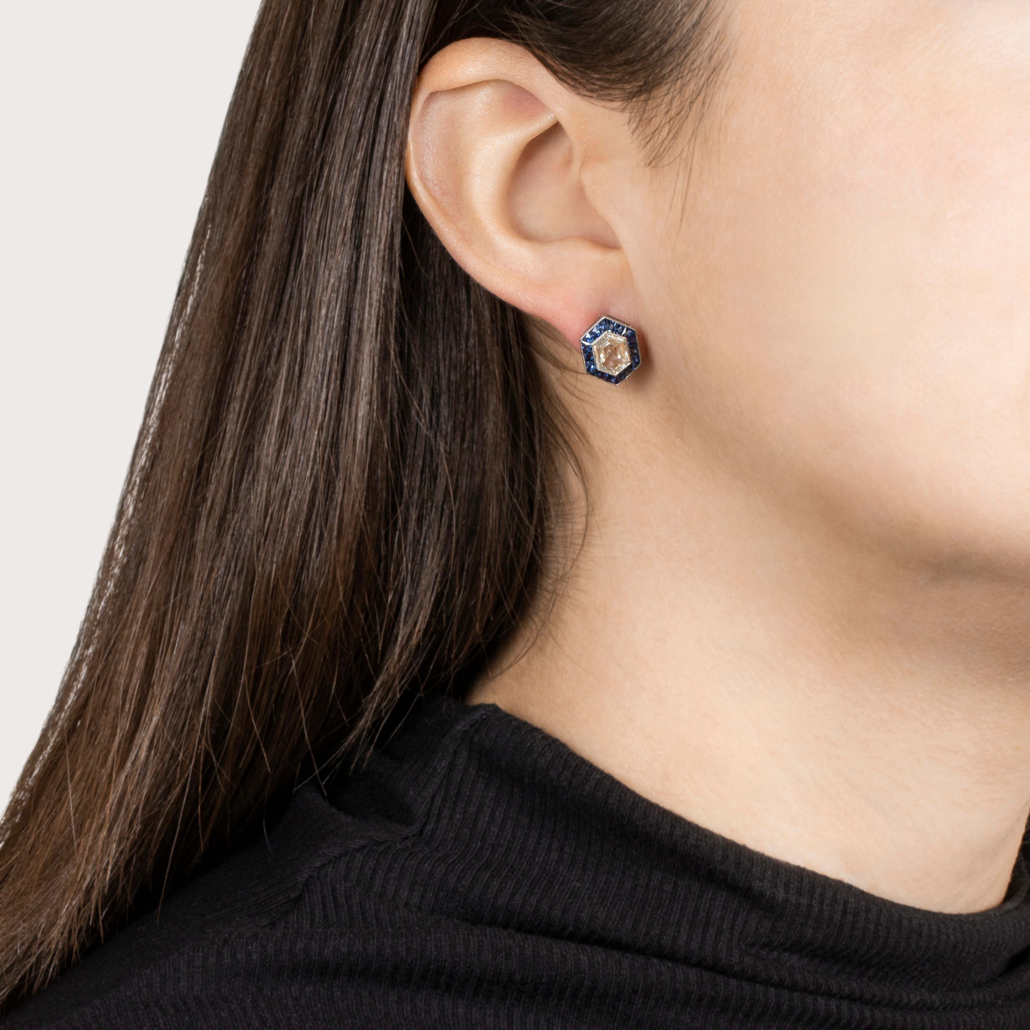 Abbott & Oaks Platinum 1.88cttw Hexagon Diamond 1.23cttw Sapphire Stud Earrings、mySite、hinf8tx79