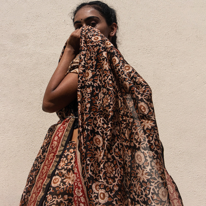 Festive Wear | Chanderi Handblock Printed Bagru Saree | Black & Red、mySite、camillekostekn