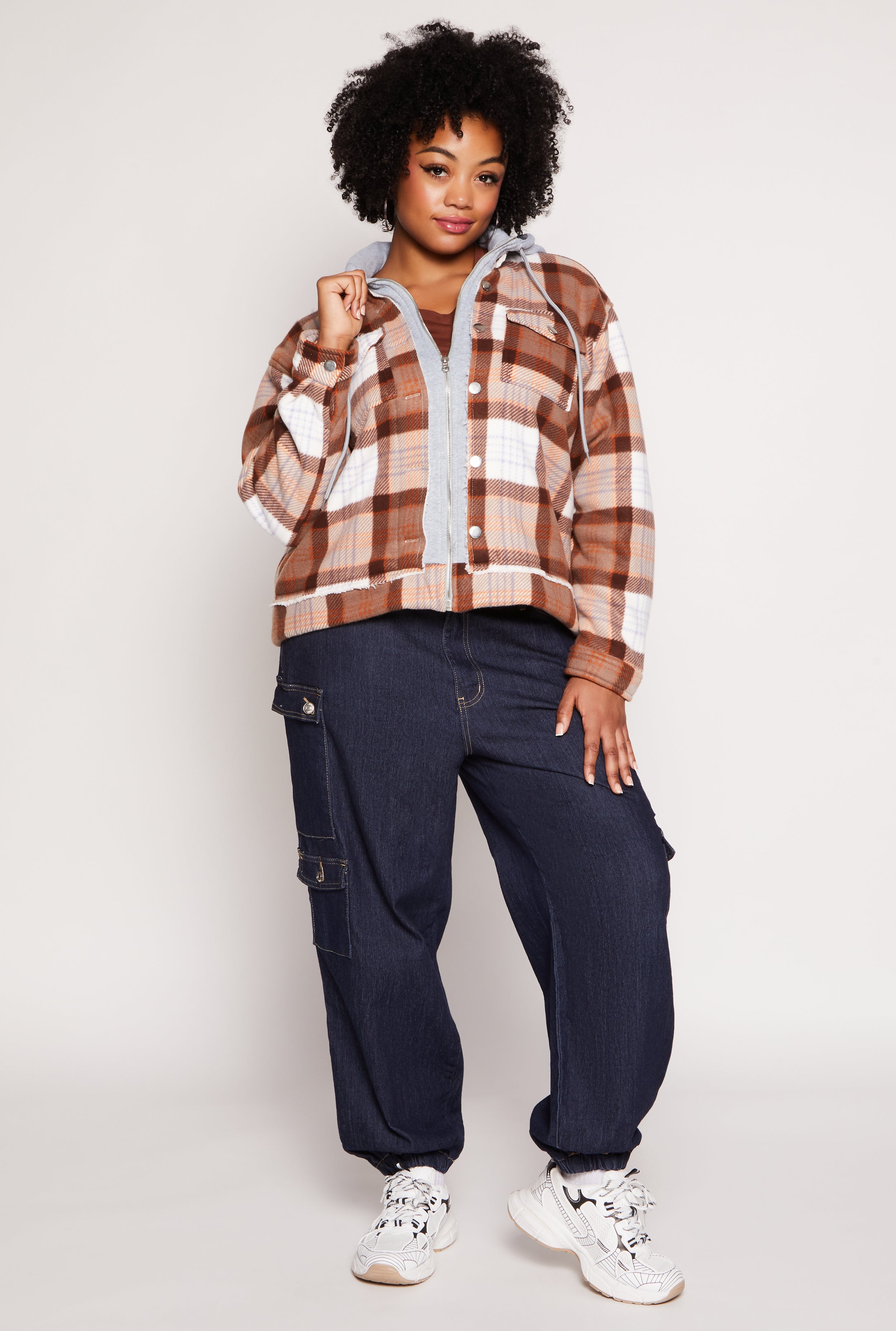 Plus Size Plaid Hooded Zip Front Jacket、mySite、camillekostekn