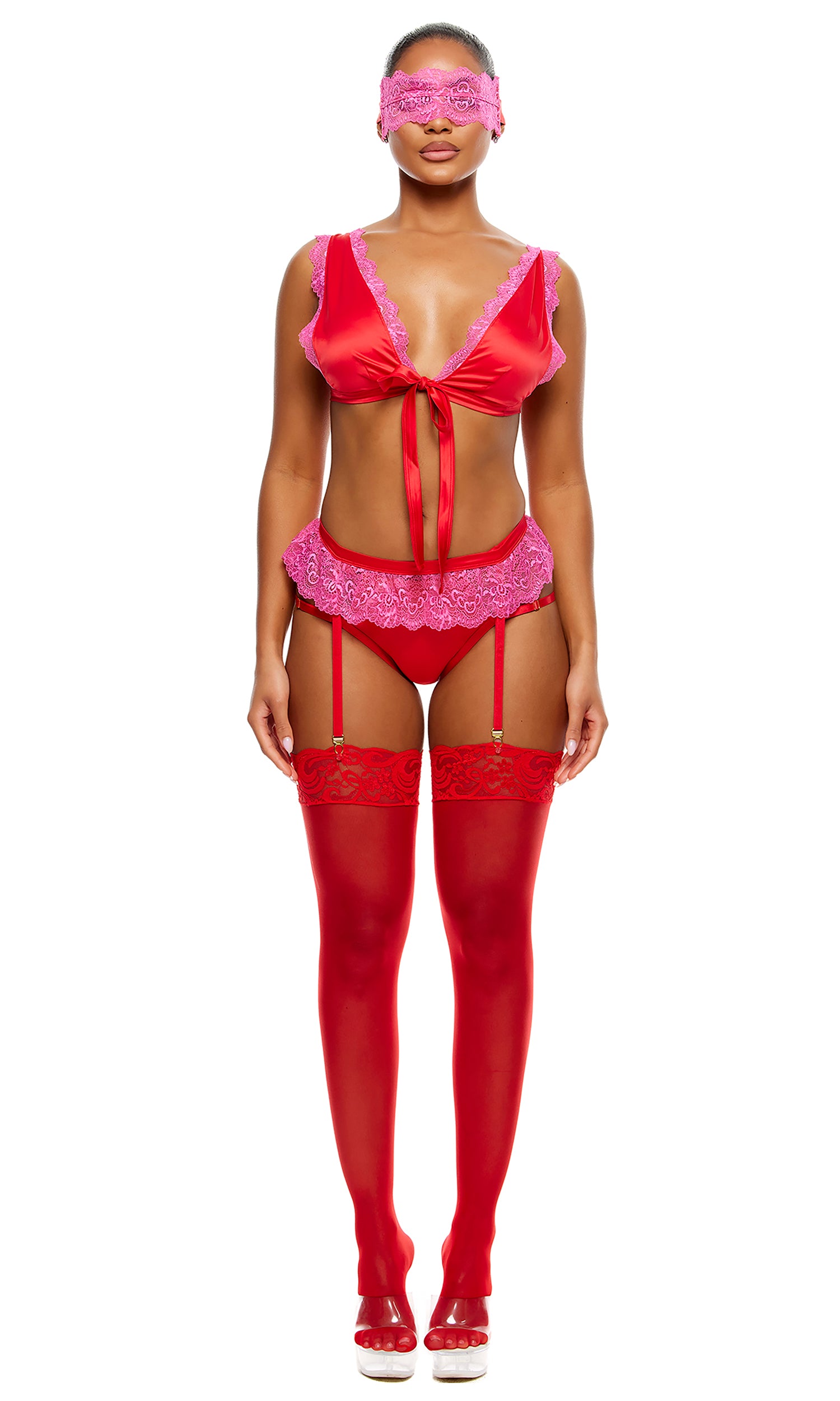 No Strings Attached Satin and Mesh Lace Trim Bra and Garter Belt Lingerie Set - Red Pink、mySite、bengalsvssteelers