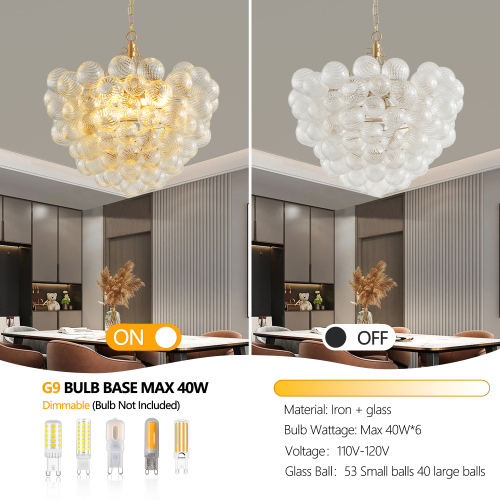 23.6-Inch Gold Pendant Light Chandelier with Threaded Clear Glass Globe Shade – Adjustable Height, Ideal for Living Room, Dining Room, Kitchen (No Bulbs)、、eastwooduniform