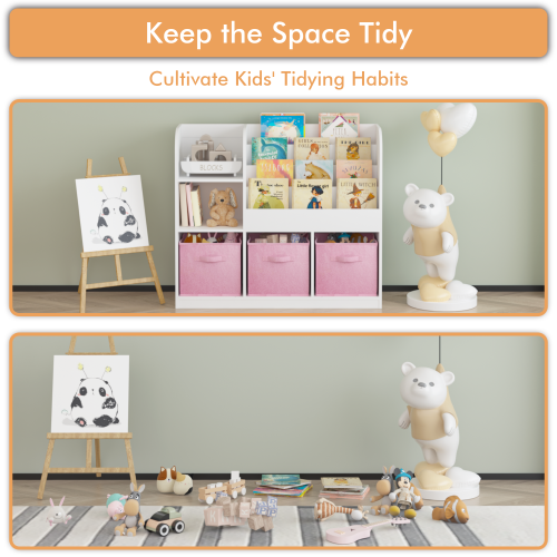Kids Bookcase and Bookshelf, Multifunctional Bookcase with 3 Collapsible Fabric Drawers, Bookcase Display Stand, Toy Storage Organizer for Bedroom, Playroom, Hallway (White/Pink)、、casual