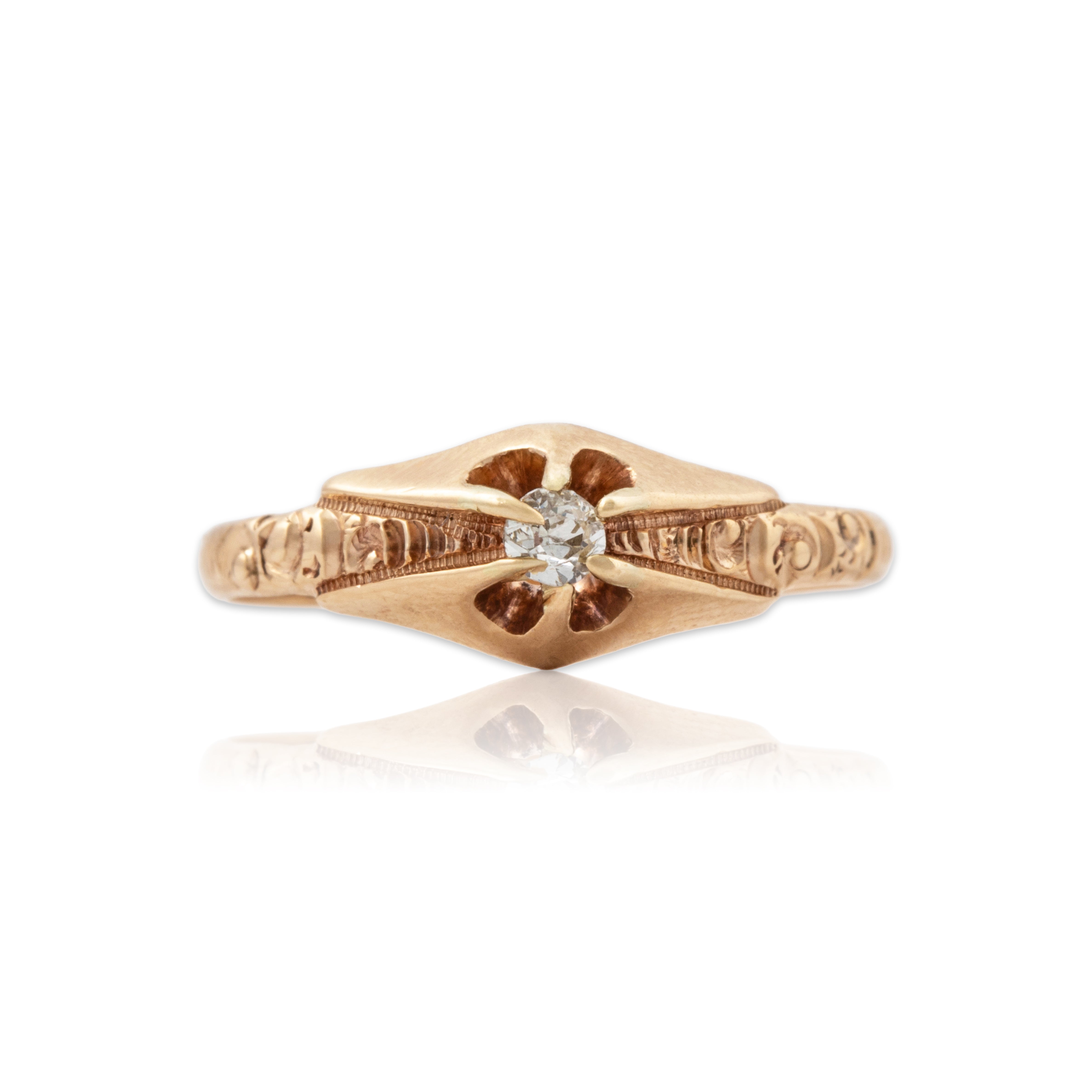 Antique 14k Rosy Yellow Gold Old Mine Diamond Scroll Solitaire Ring 5.25、mySite、hinf8tx79