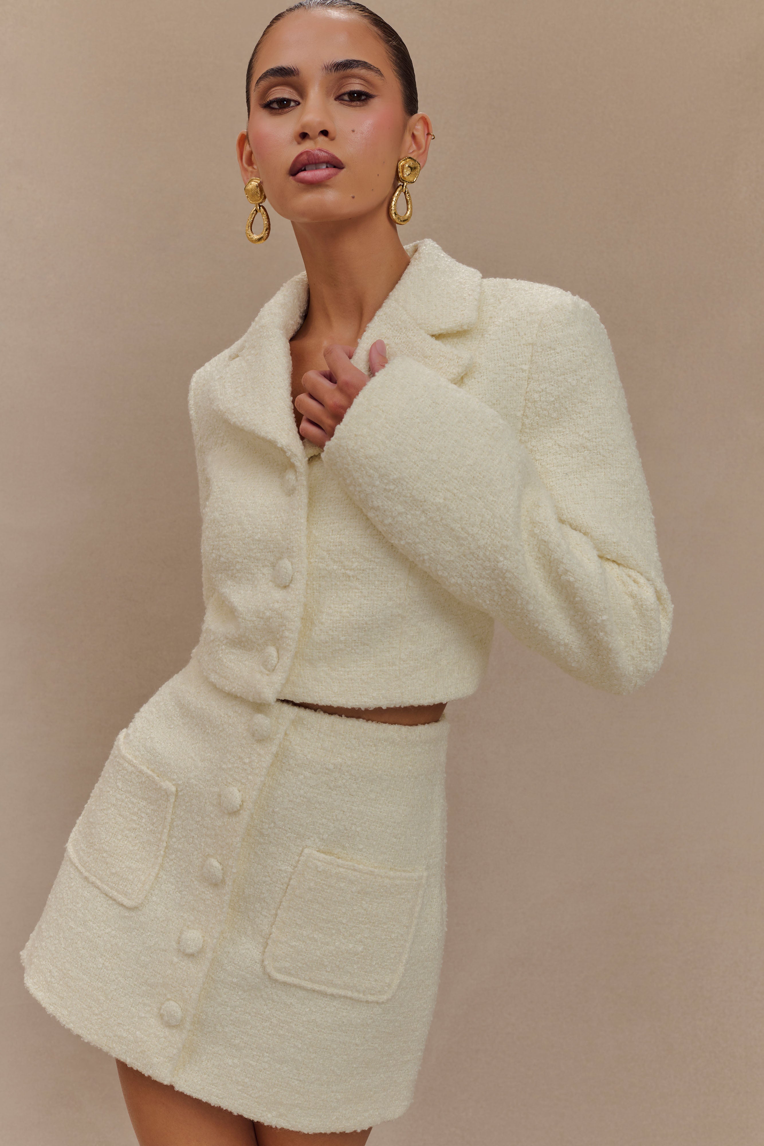 Mirelle Textured Boucle Cropped Long Sleeve Top - Ivory、mySite、solidvoid