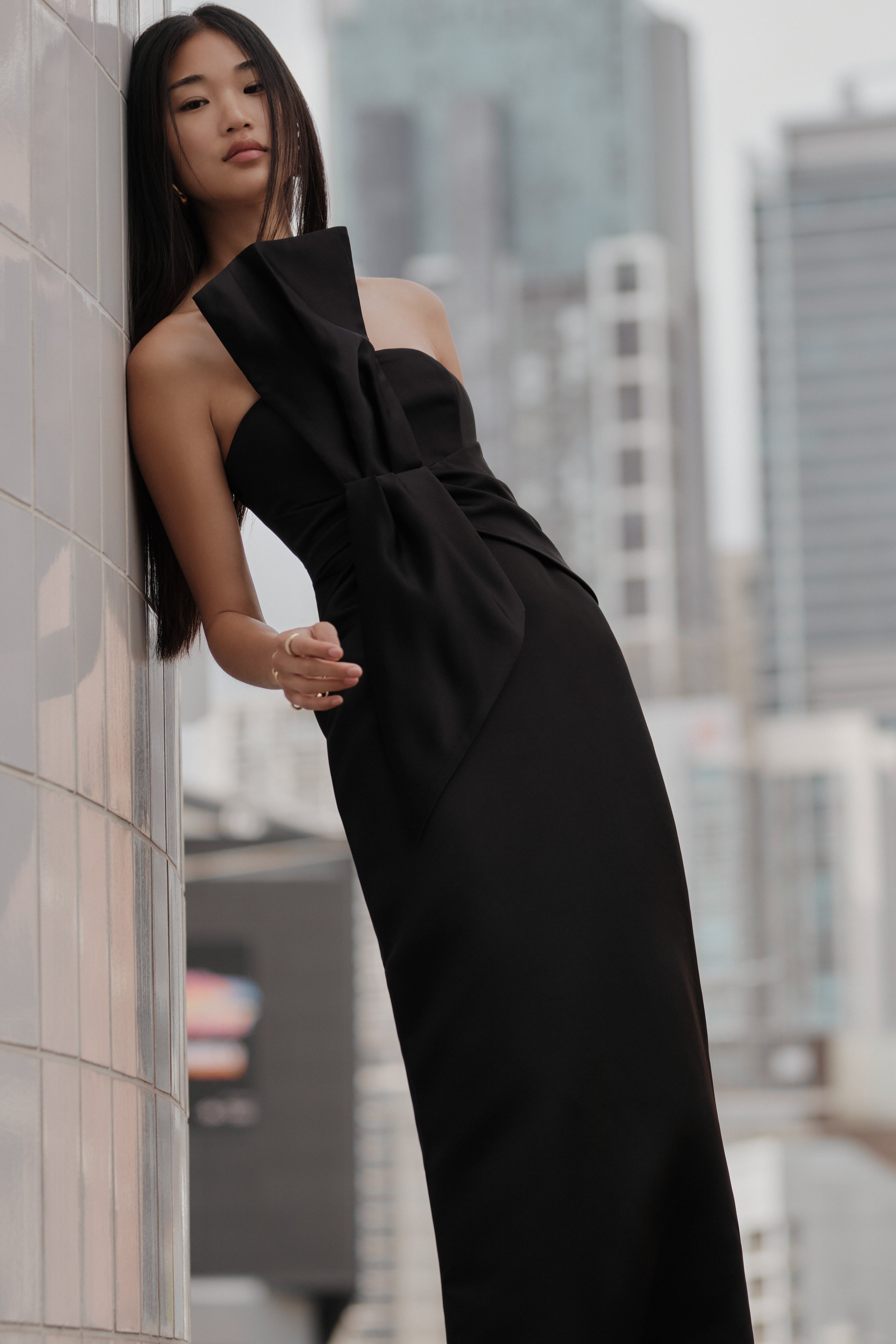 Cyrill Strapless Satin Structured Maxi Dress - Black、mySite、solidvoid