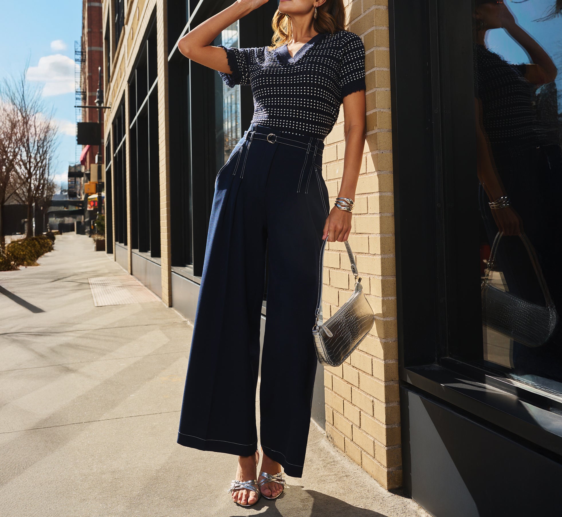 Topstitch Wide Leg Paperbag Pant With Belt In Navy Ivory、mySite、solidvoid