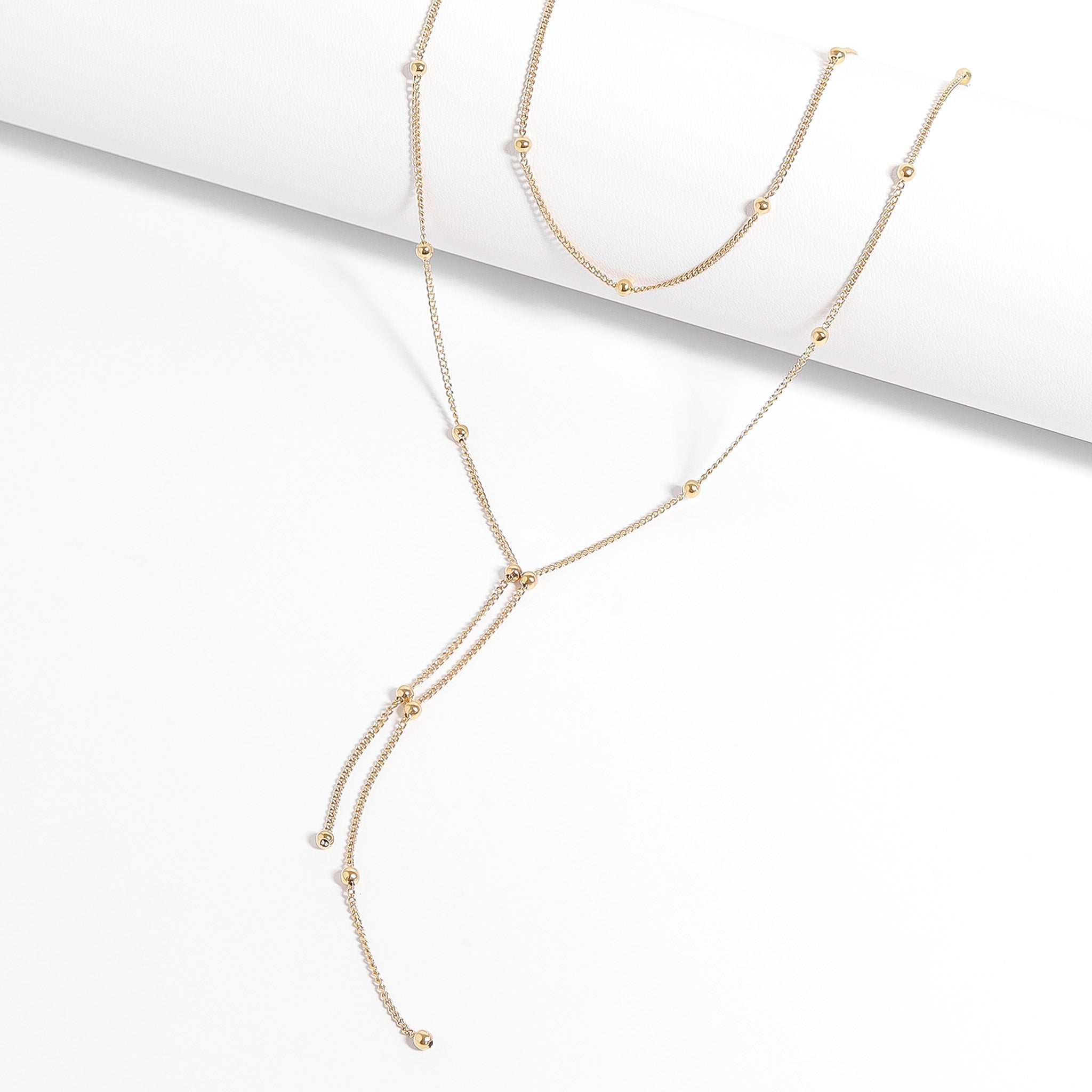 18K Gold PVD Stainless Steel Lariat Necklace Double Ball Bead / CHN0061、mySite、dreamappss