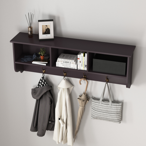 White Entryway Wall Mounted Coat Rack with 4 Dual Hooks Living Room Wooden Storage Shelf、、casual