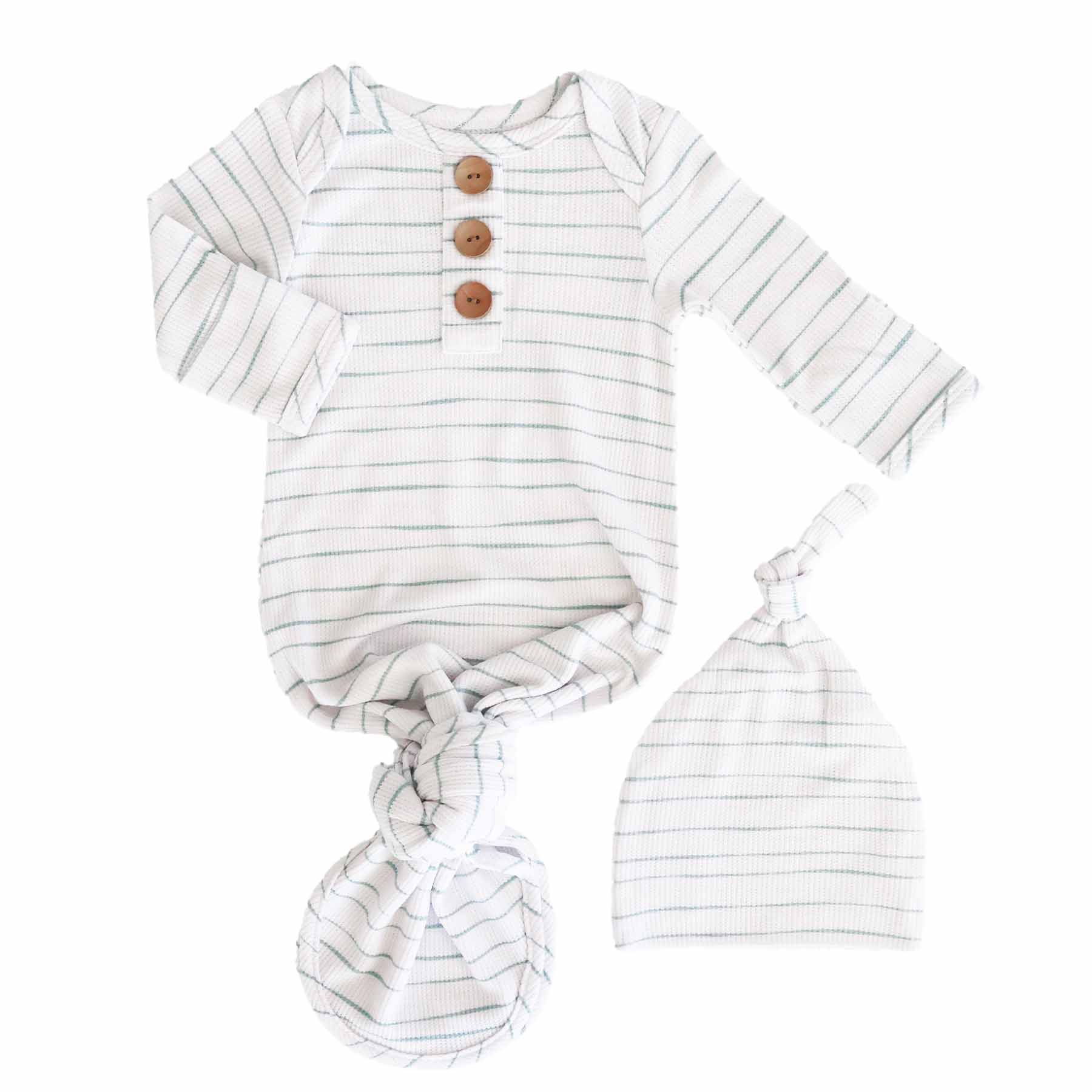  Sage's Stripes Bamboo Waffle Newborn Baby Knot Gown & Hat Set、mySite、layawaytickets