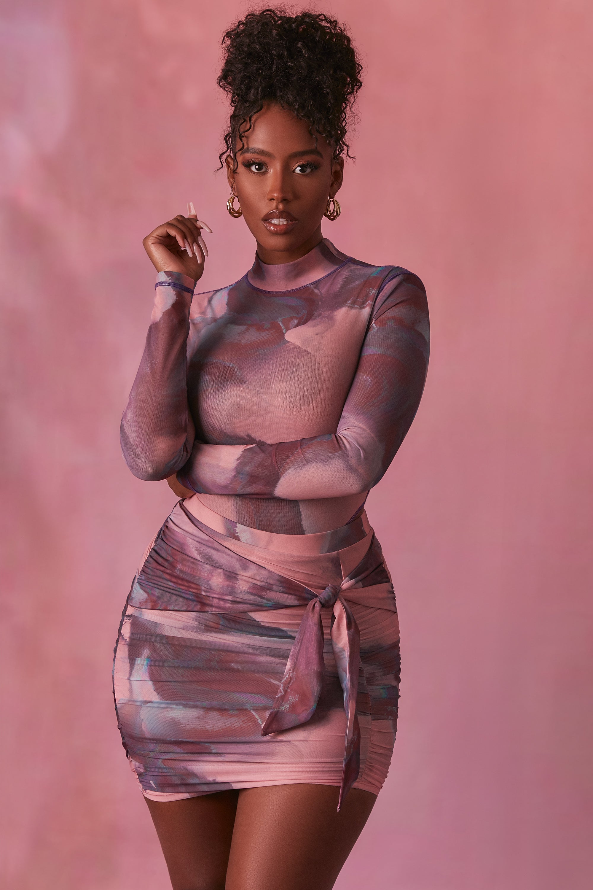 High Neck Long Sleeve Mesh Bodysuit in Blush、mySite、solidvoid