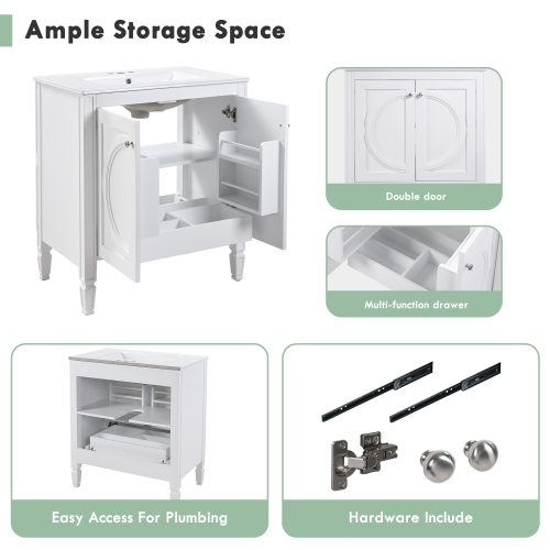 30" No Assembly Needed Vintage White Bathroom Vanity with Ceramic Sink,Two Soft-Close Doors & Adjustable Shelf,Modern Farmhouse Style、、xpatfood