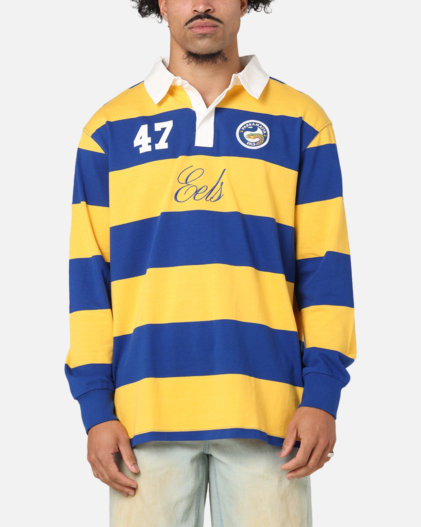 Bleacher Athletic Parramatta Eels NRL Stripe Rugby Polo Shirt Official Team Colour、mySite、zt4zffjzw