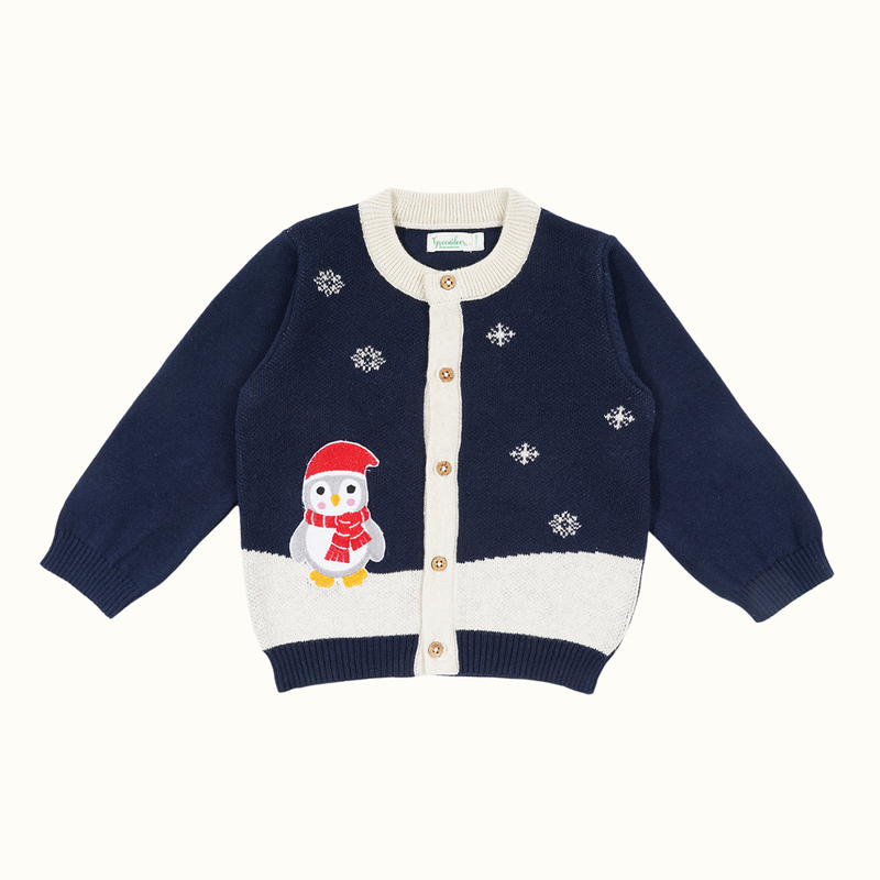 Cotton Jacquard Sweater, Lower & Cap Set | Penguine Printed | Navy Blue & Red | Set of 3、mySite、camillekostekn