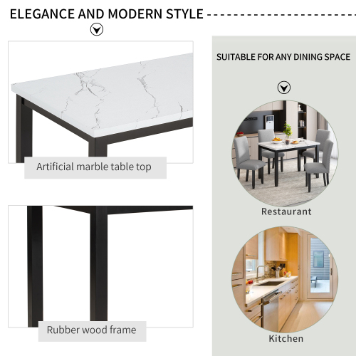 TREXM Faux Marble 5-Piece Dining Set Table with 4 Thicken Cushion Dining Chairs Home Furniture, White/Beige+Black、、casual