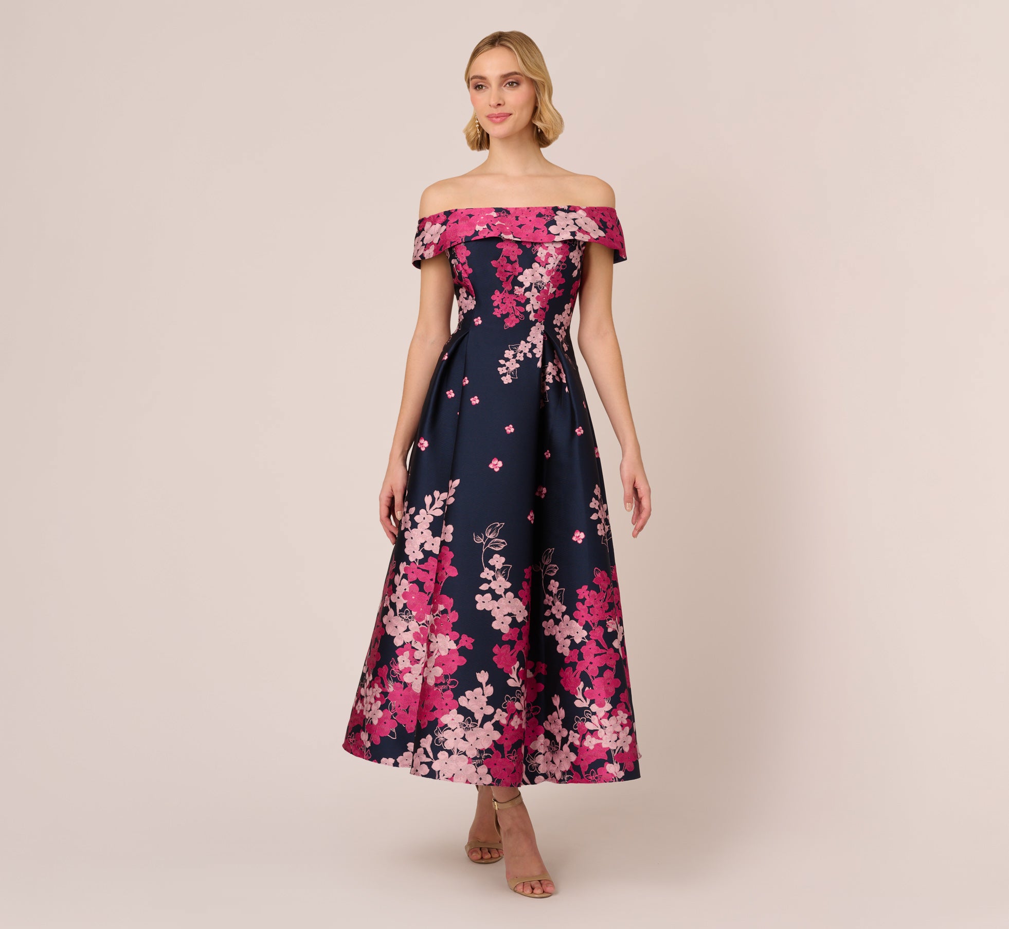 Floral Jacquard Ankle Length Dress With Off The Shoulder Neckline In Navy Pink Multi、mySite、solidvoid