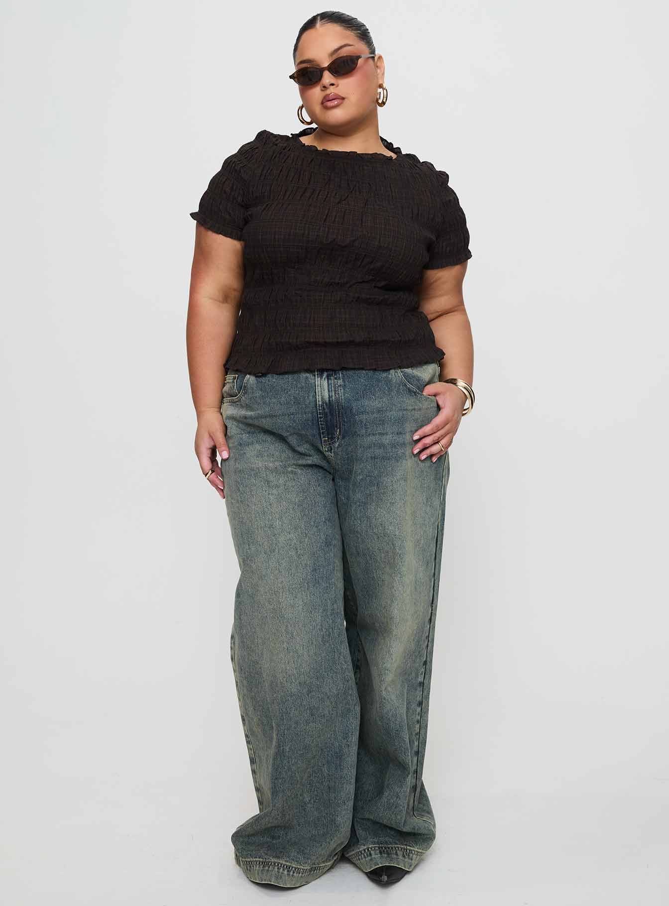 Romelle Shirred Top Black / Brown Plaid、mySite、solidvoid