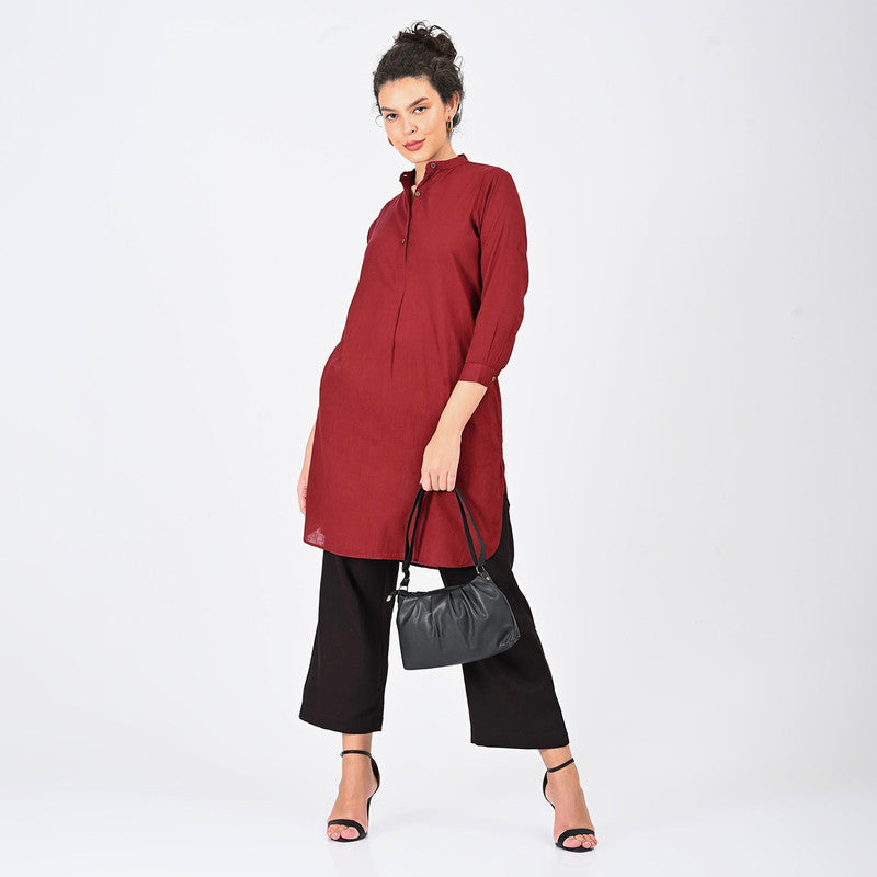 Cotton Solid Co Ord Set For Women | Tunic & Trouser | Mandarin Neck | Maroon & Coffee Brown、mySite、camillekostekn