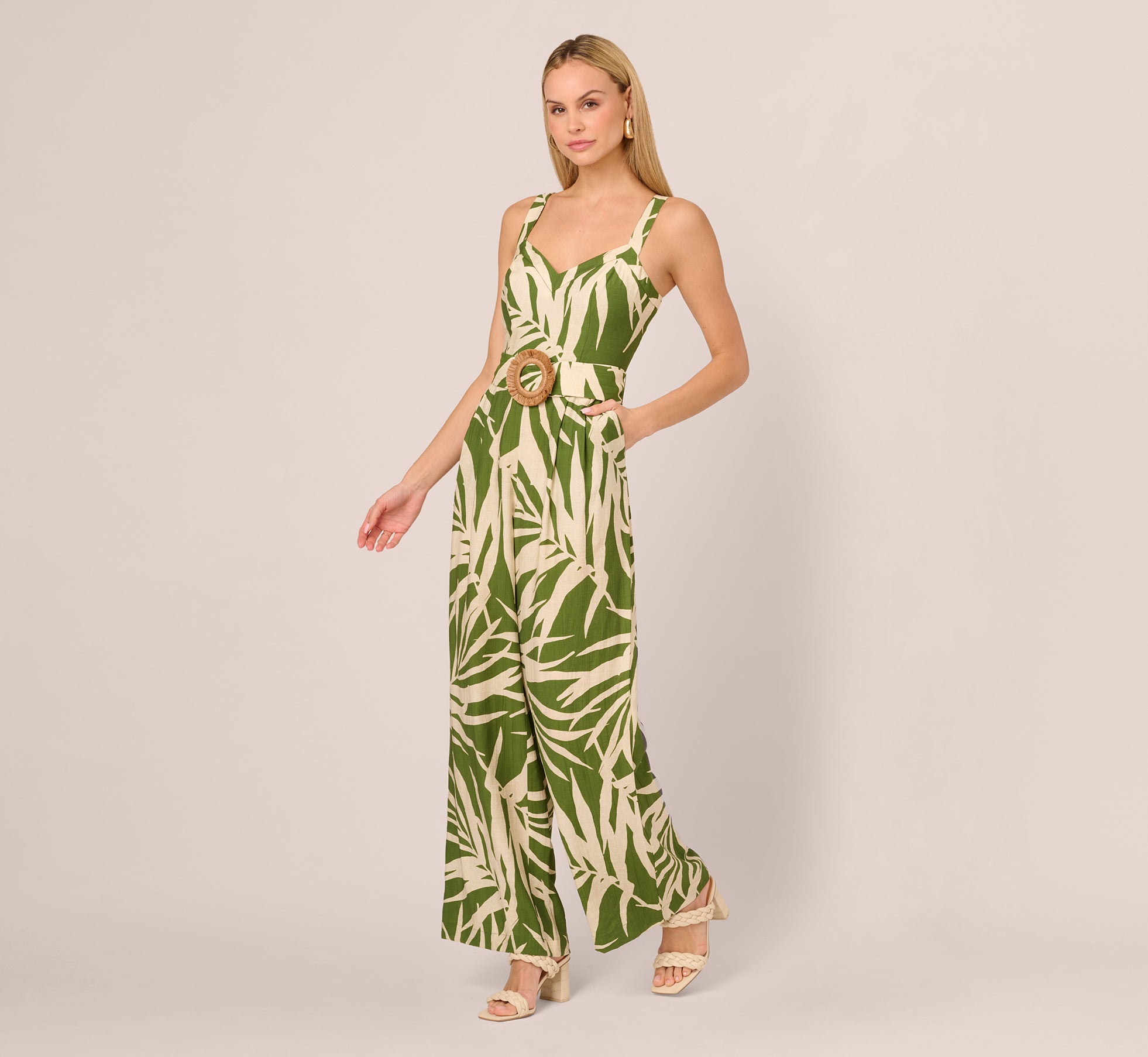 Sleeveless Palm Leaf Wide Leg Jumpsuit In Green Ivory、mySite、solidvoid