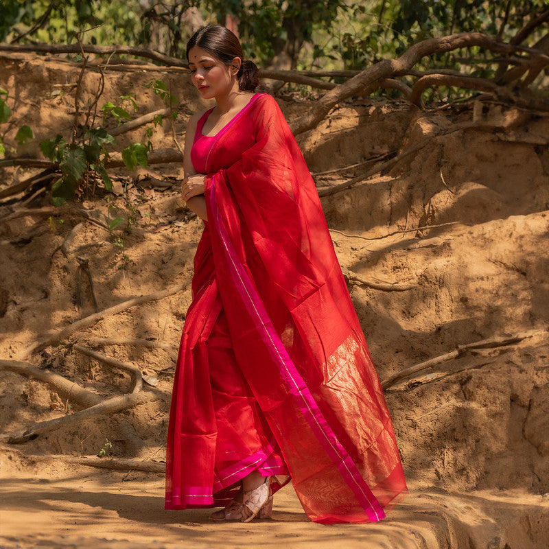 Chanderi Silk Cotton Saree | Red & Pink、mySite、camillekostekn