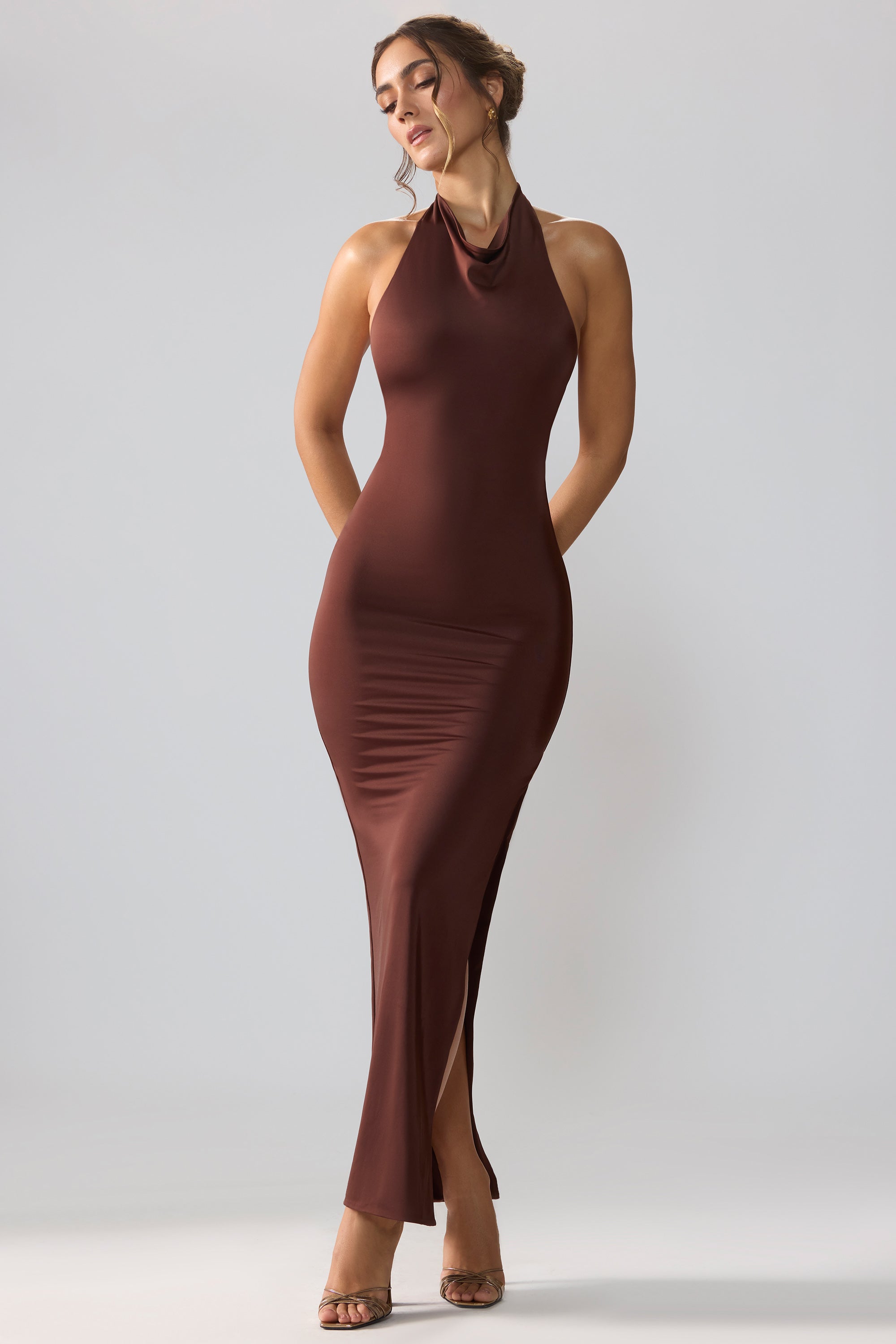 Premium Jersey Cowl Neck Backless Maxi Dress in Espresso、mySite、solidvoid