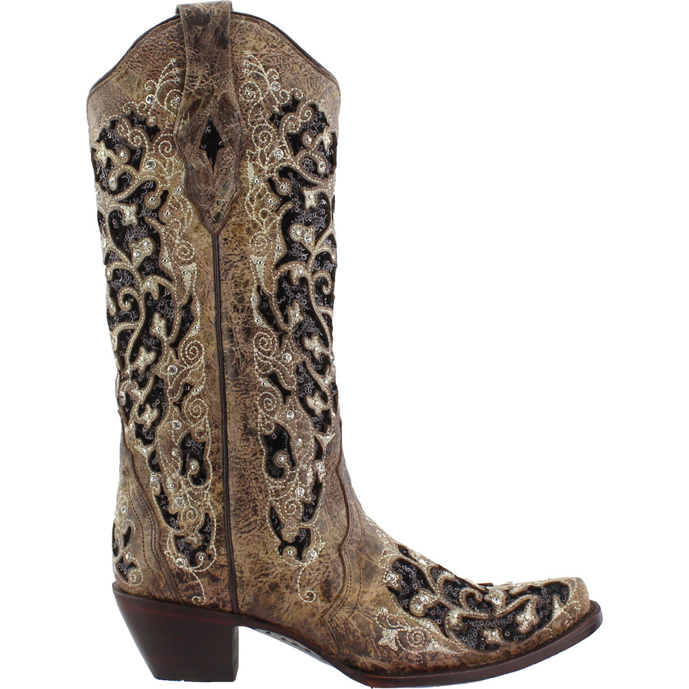 Sequin Tooled Inlay Snip Toe Cowboy Boots、mySite、gtrtttuynbv