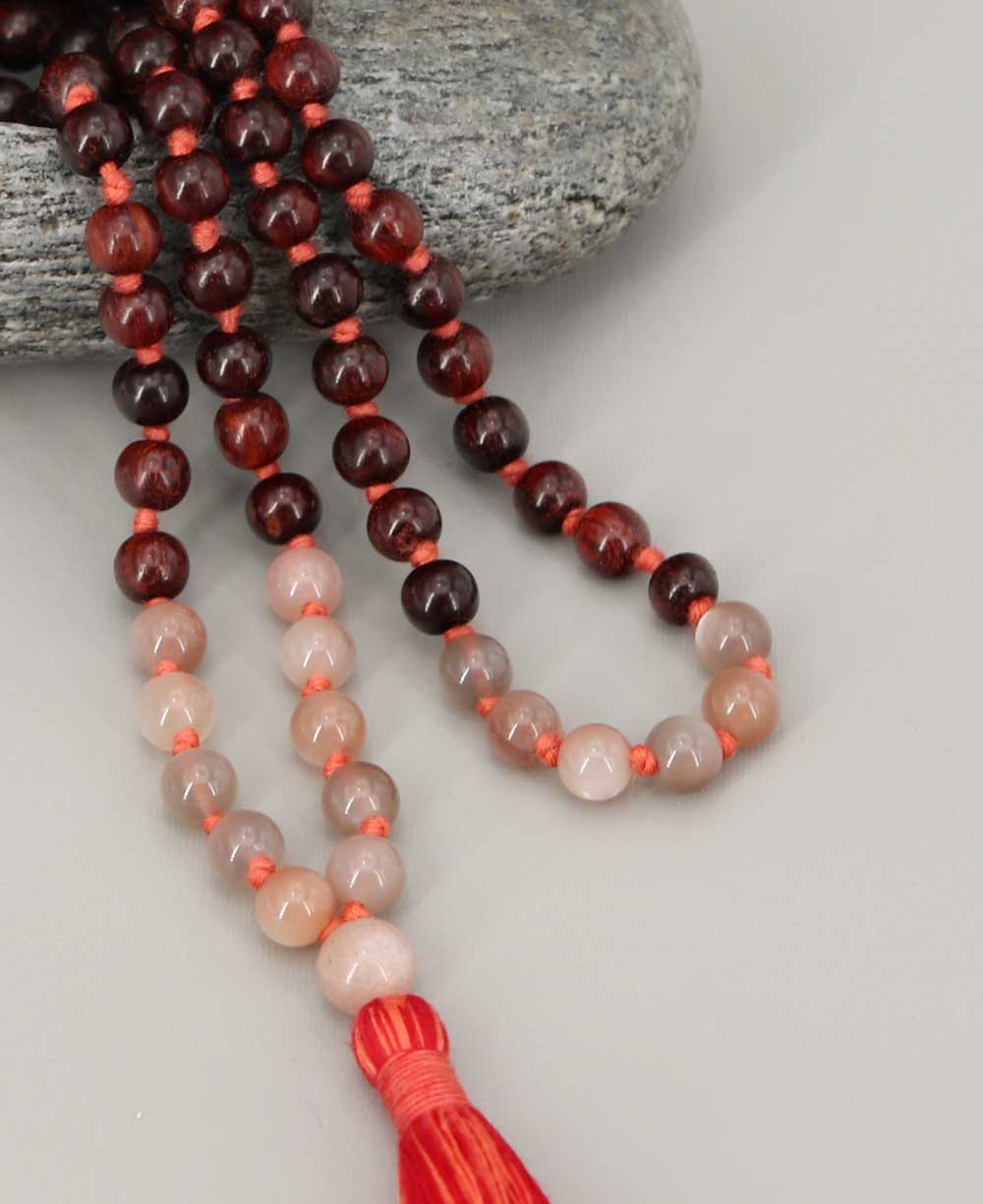 Rosewood and Peach Moonstone 108 Beads Meditation Mala, Knotted、mySite、topwebapps