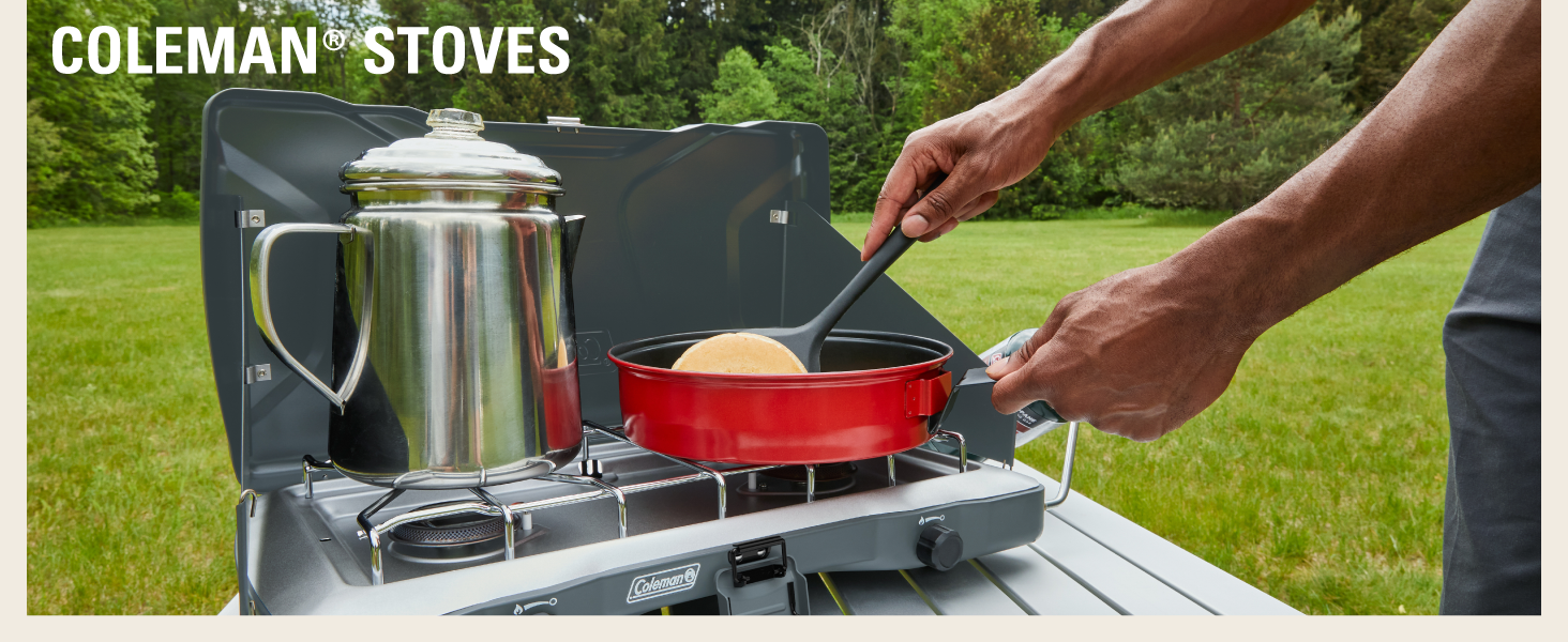 coleman stove yard grass field tea kettle pancake breakfast camping tailgate party family cooking