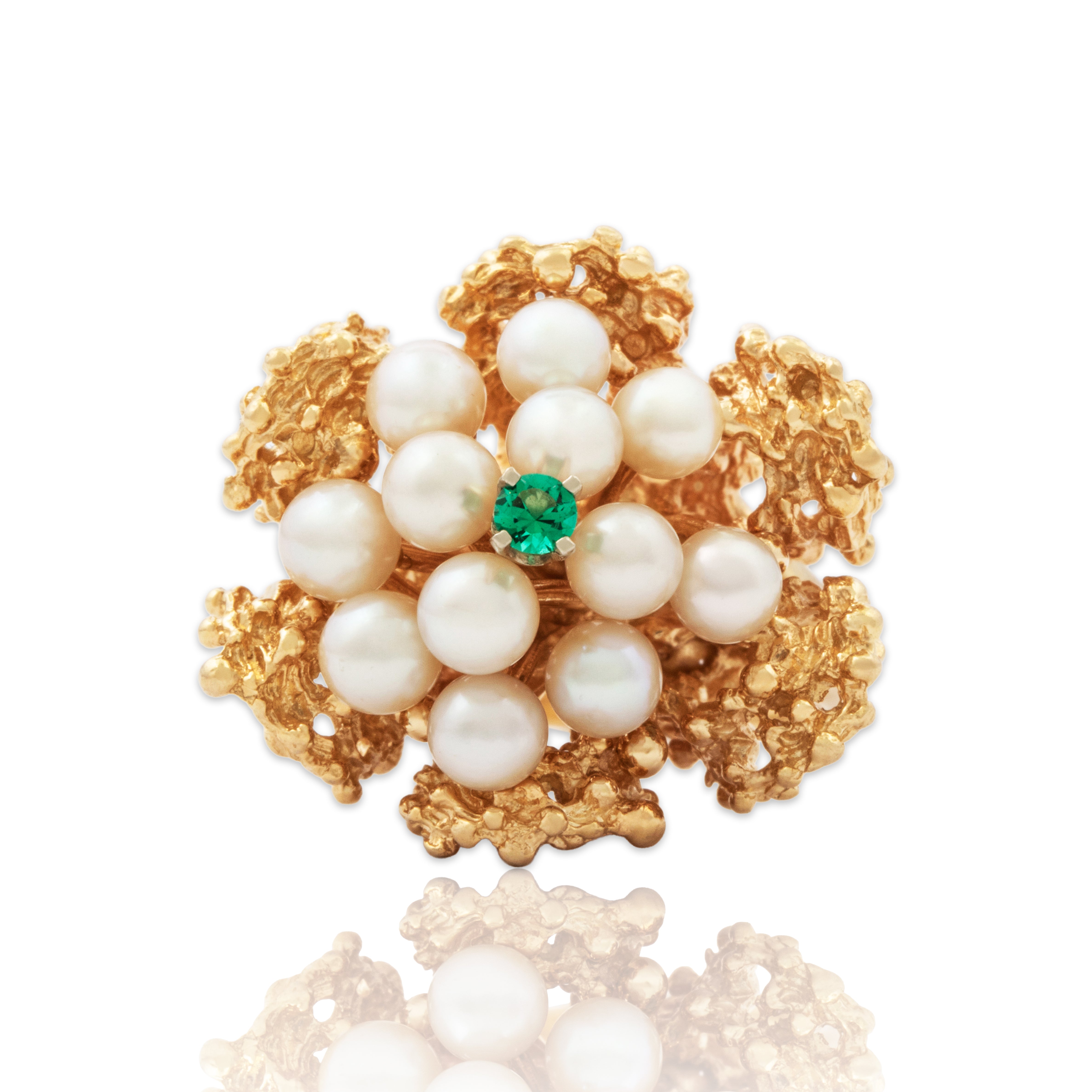 Vintage Heavy 14k Yellow Gold Pearl Emerald Lustrous Cocktail Ring 4.50、mySite、hinf8tx79