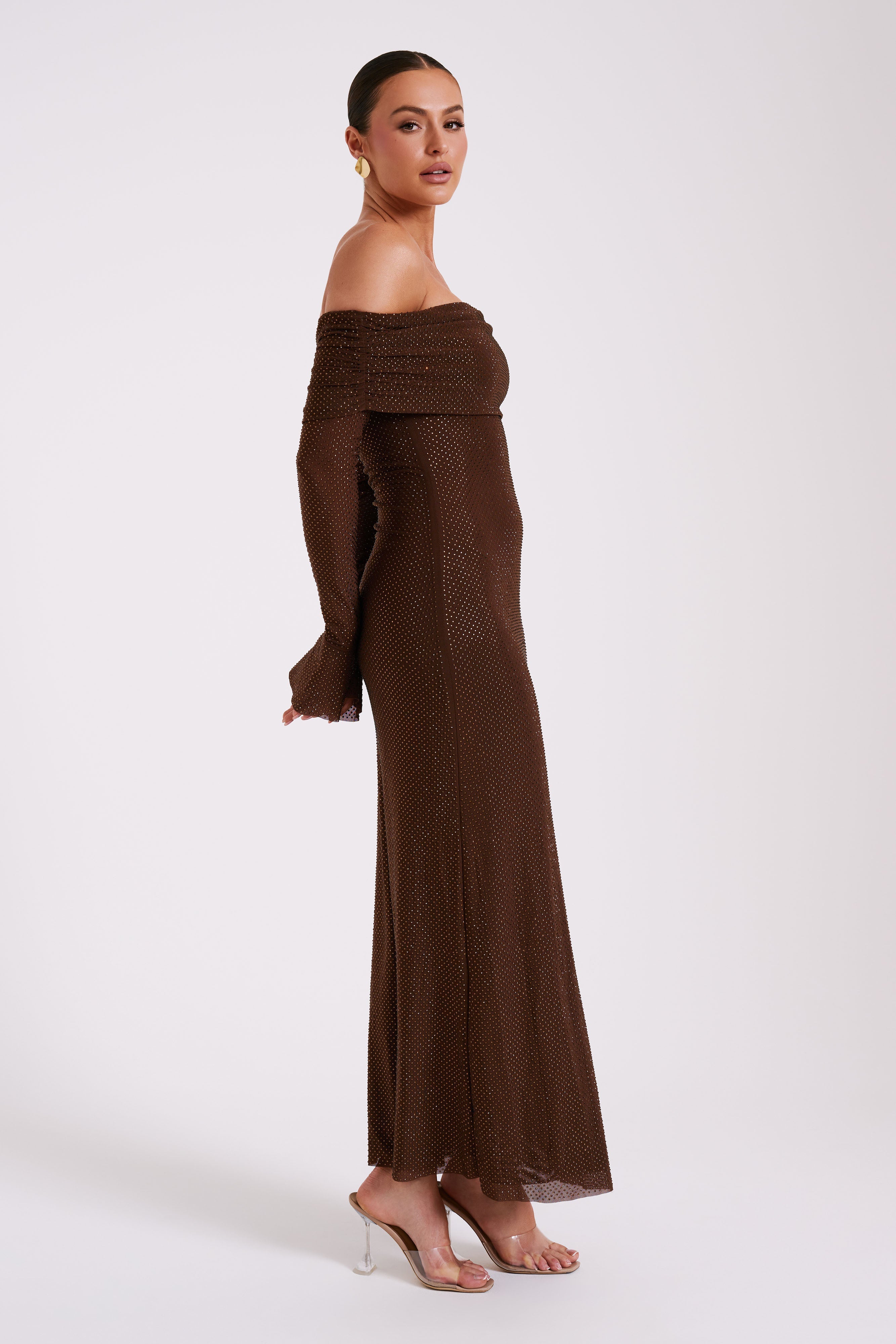 Marcel Off Shoulder Diamante Maxi Dress - Chocolate、mySite、solidvoid
