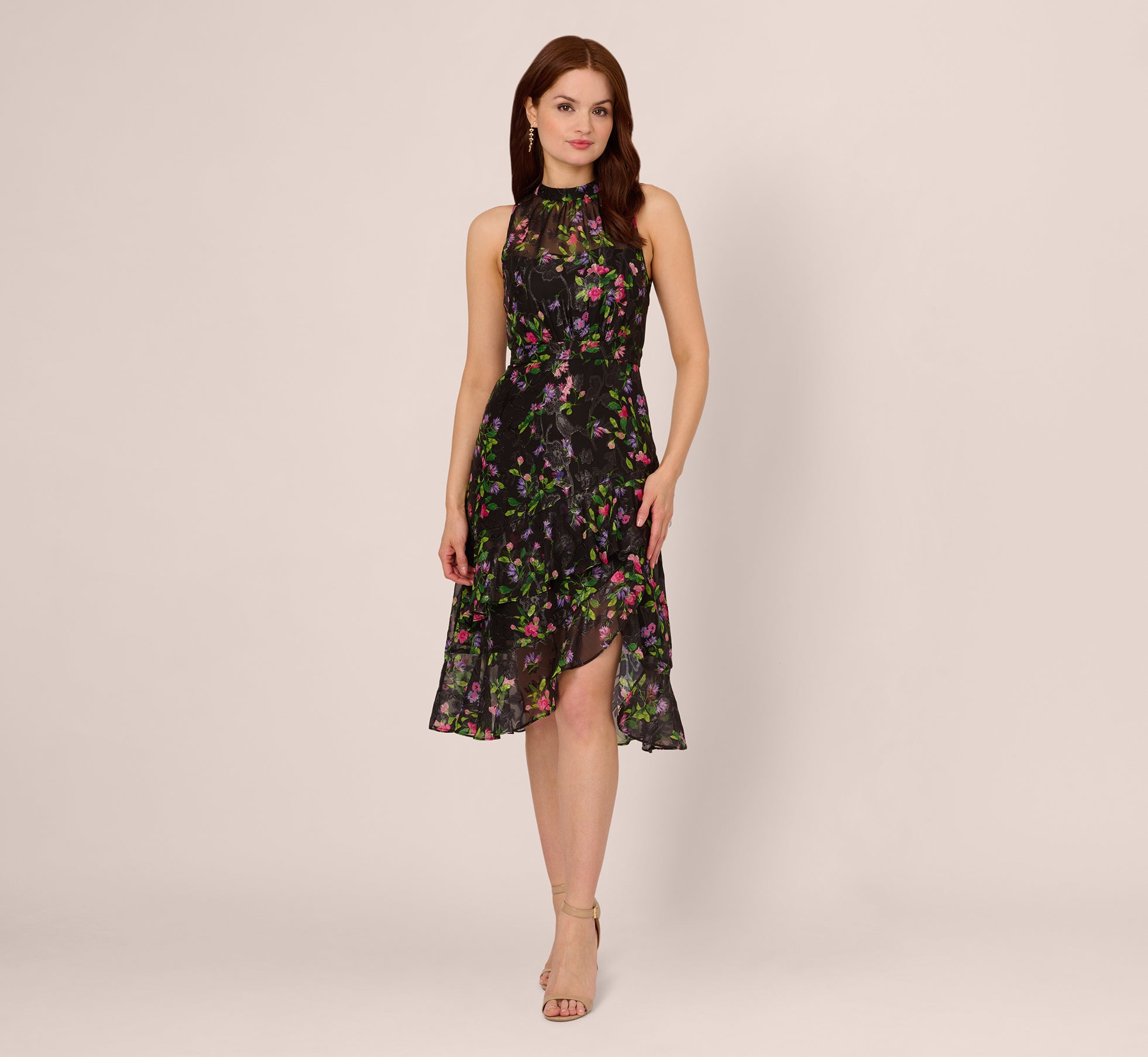 Floral Chiffon Halter Midi Dress With Flounce Hem In Black Multi、mySite、solidvoid
