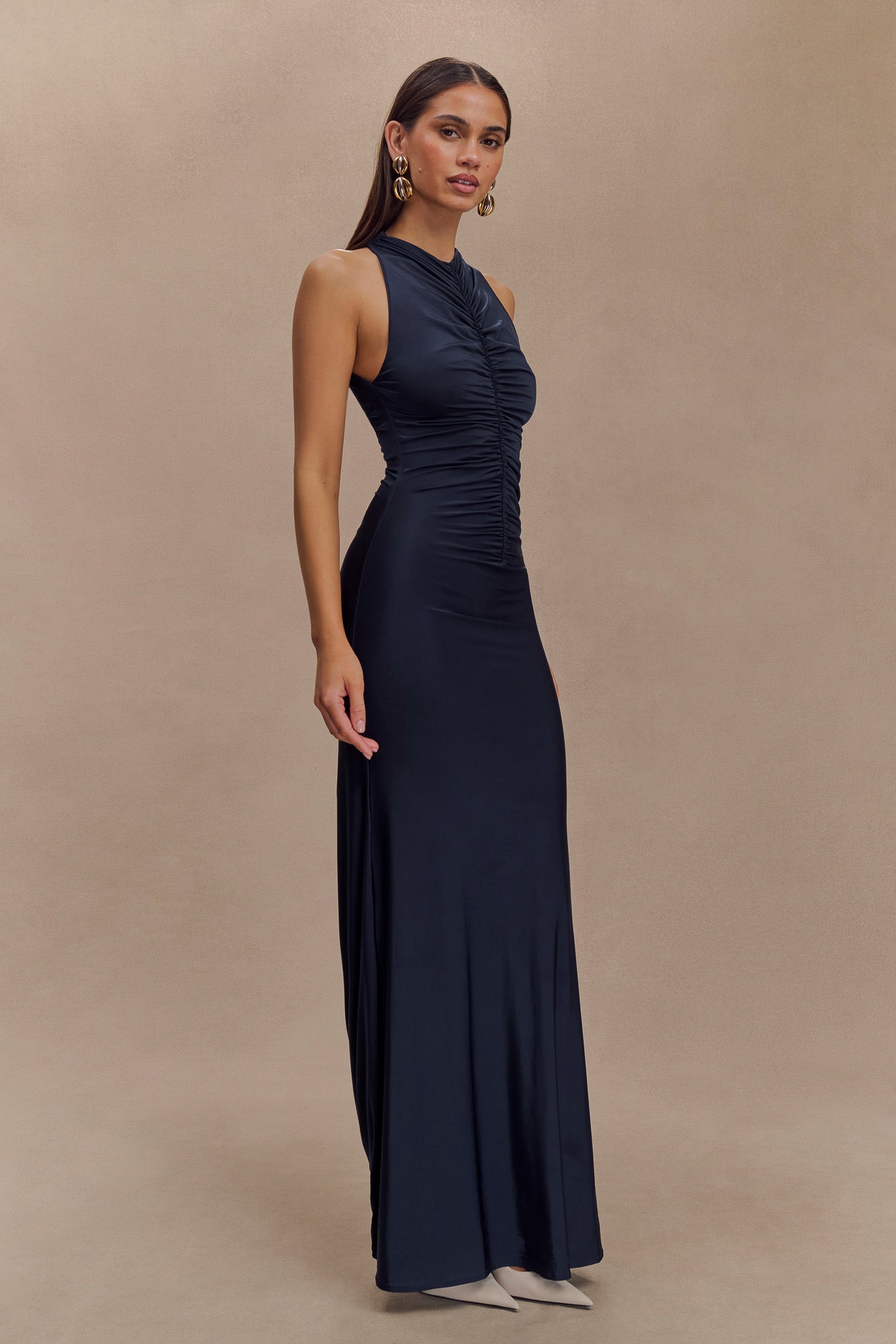 Priya Slinky Ruched Halter Maxi Dress - Navy、mySite、solidvoid
