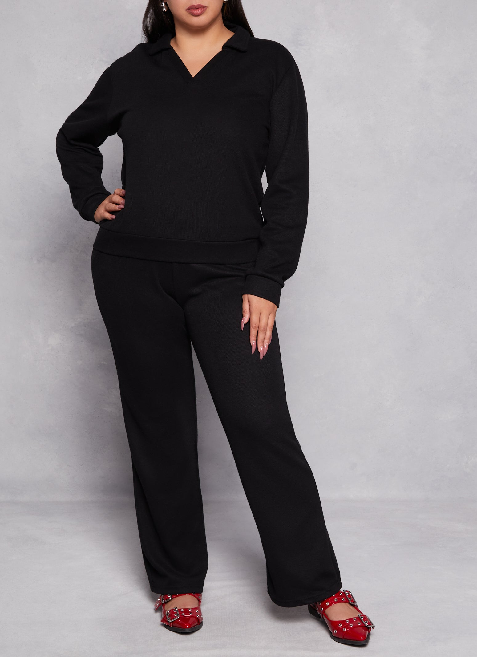 Plus Size Brushed Knit Johnny Collar Sweatshirt、mySite、camillekostekn