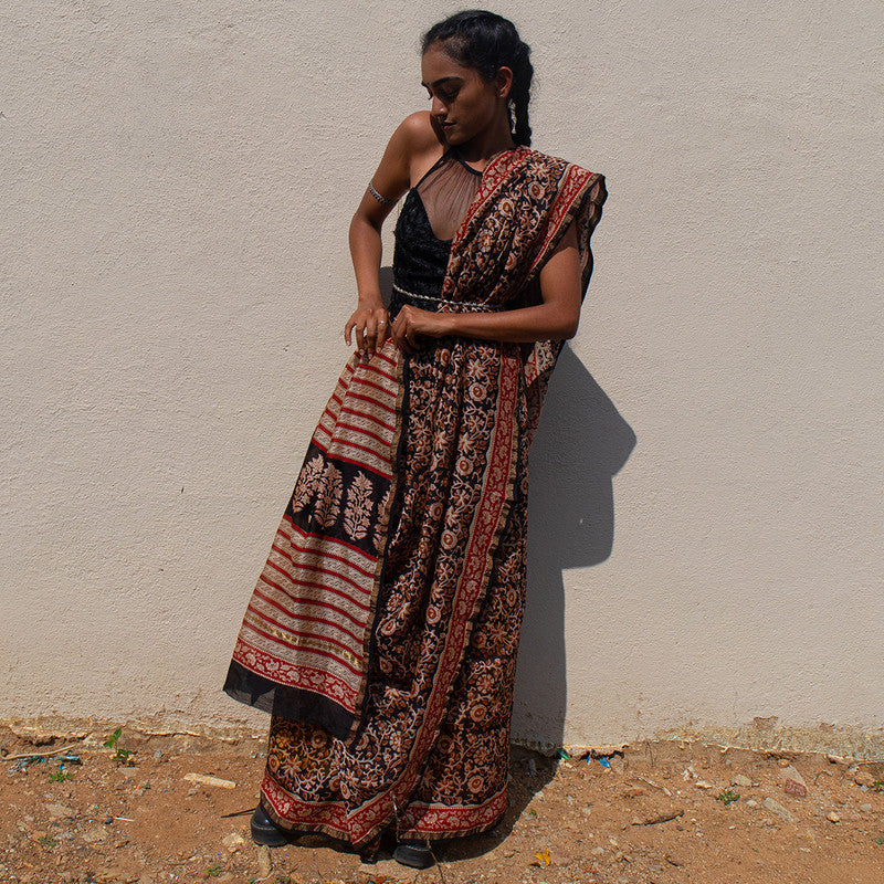 Chanderi Handblock Printed Bagru Saree | Black & Red、mySite、camillekostekn