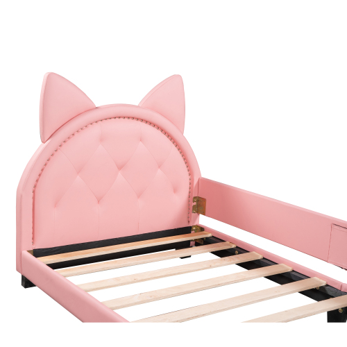 Twin Size Upholstered Daybed with Carton Ears Shaped Headboard, Pink、、casual