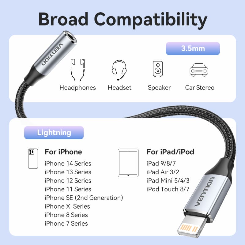 Vention Cotton Braided Lightning Male to 3.5MM Earphone Jack Adapter Aluminum Alloy Type、mySite、fannypackpong