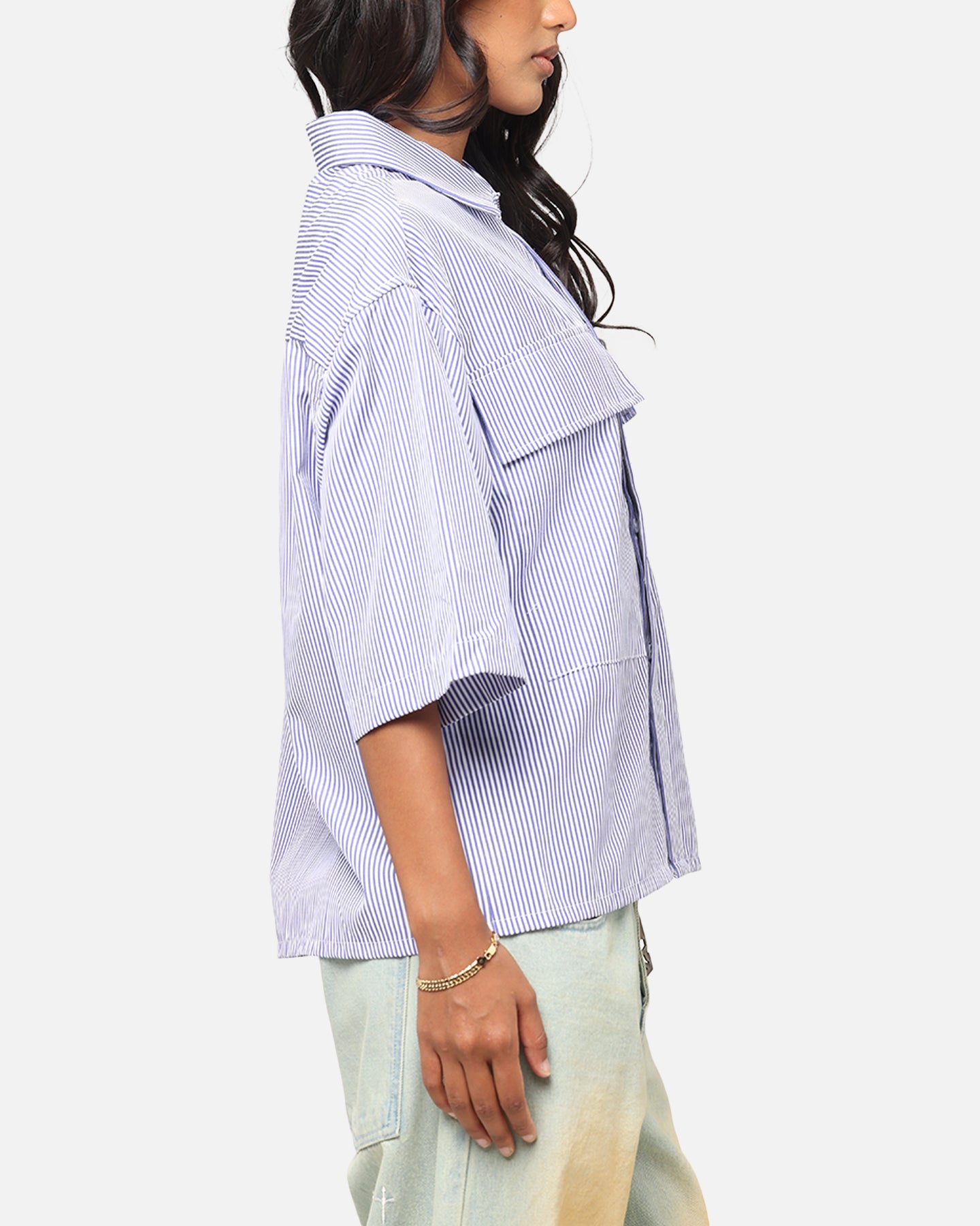 MNML Cropped Striped Short Sleeve Shirt Blue、mySite、zt4zffjzw