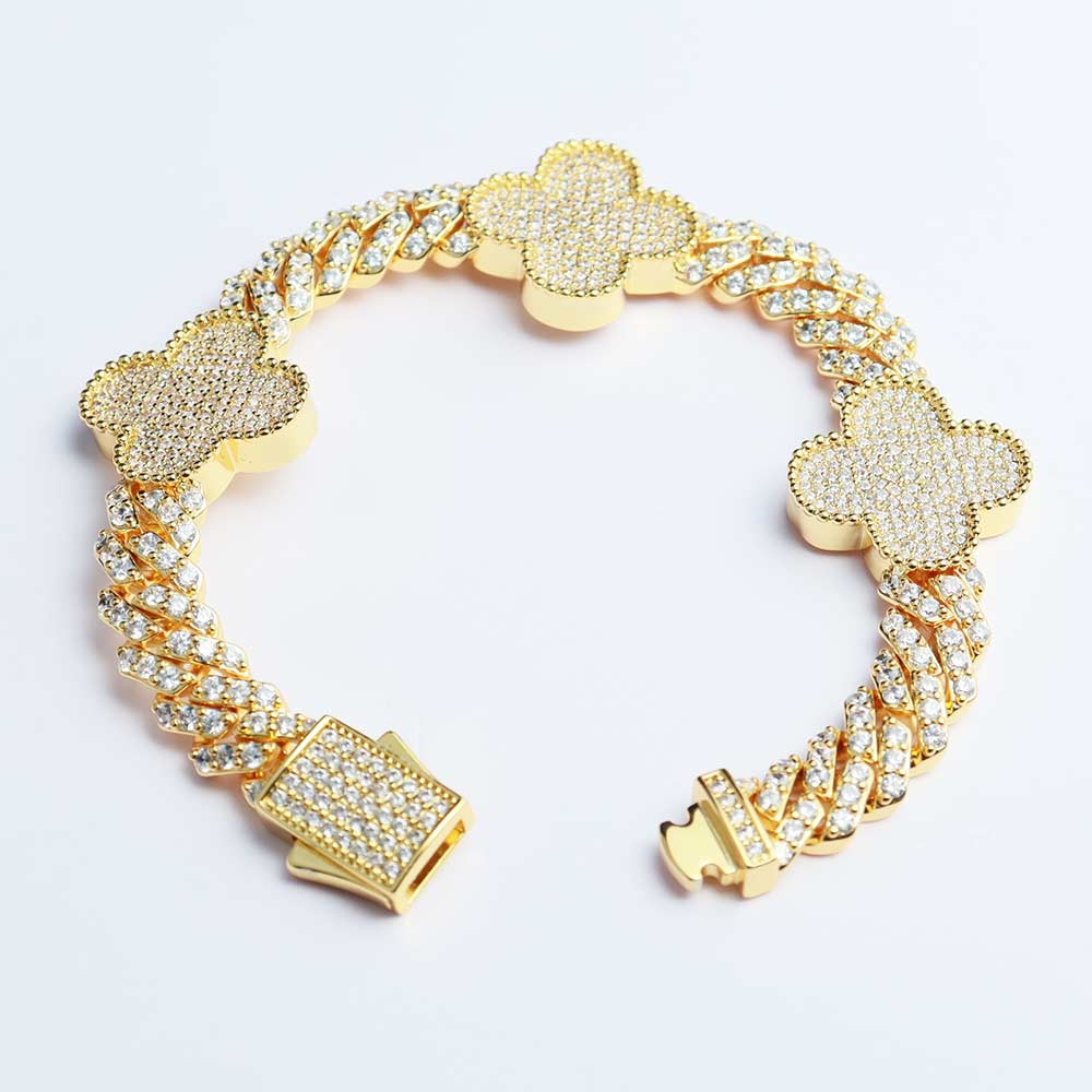 8MM Four Leaf Moissanite Cuban Link Bracelet 14K Gold、mySite、hinf8tx79