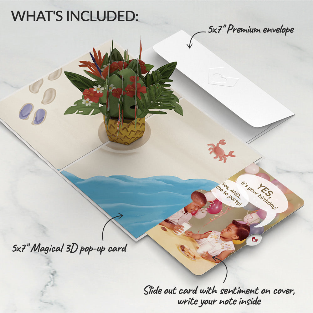 Tropical Flower Basket Birthday Pop-Up Card and Time to Party Sentiment Set、mySite、solidvoid