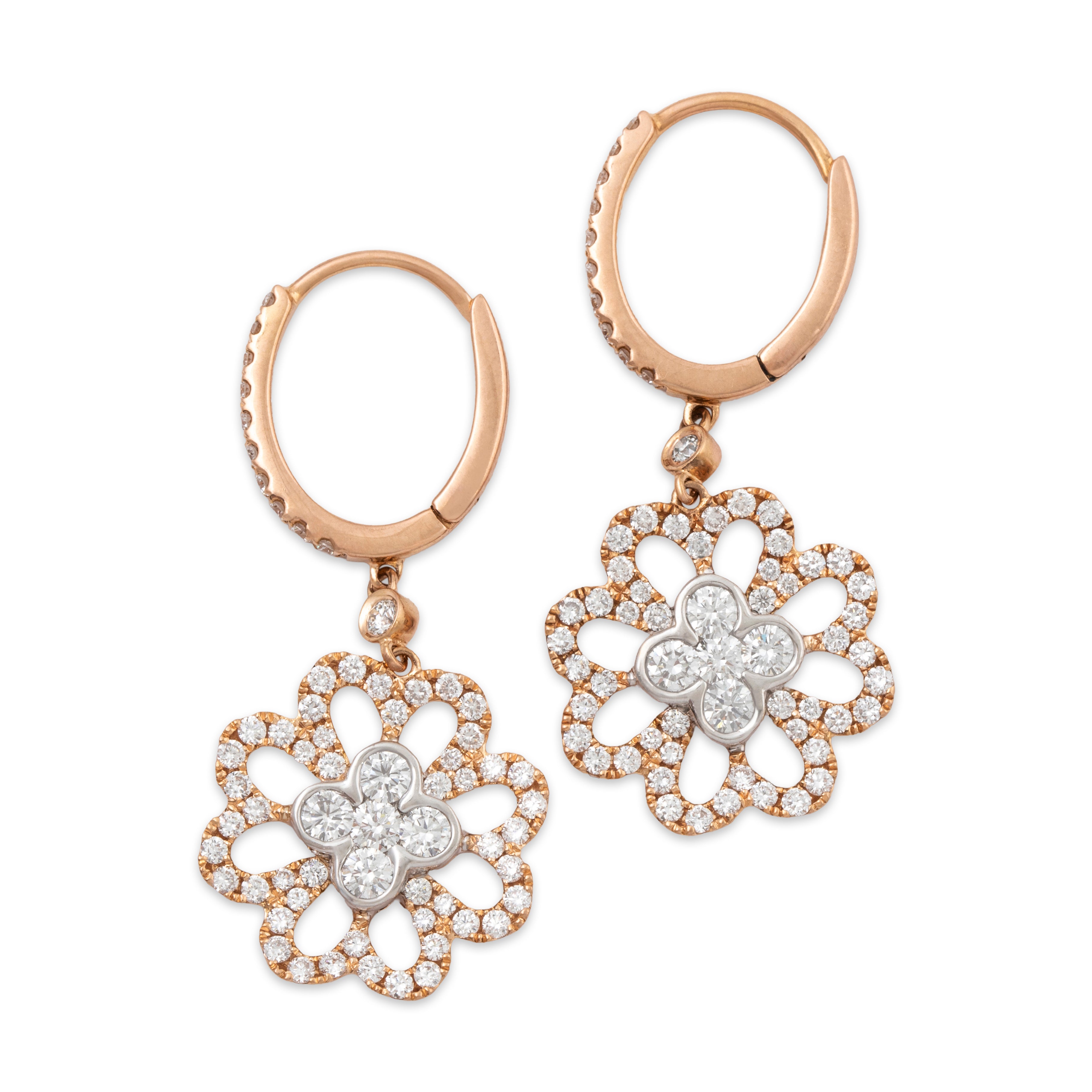 Vintage 18k Rose Gold 2cttw Diamond Brilliant Floriform Dangling Earrings、mySite、hinf8tx79