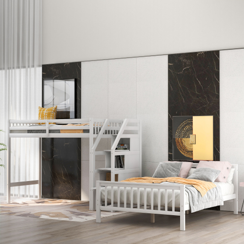 Twin over Full Loft Bed with Staircase,Gray(OLD SKU:SM000107AAE)、、casual
