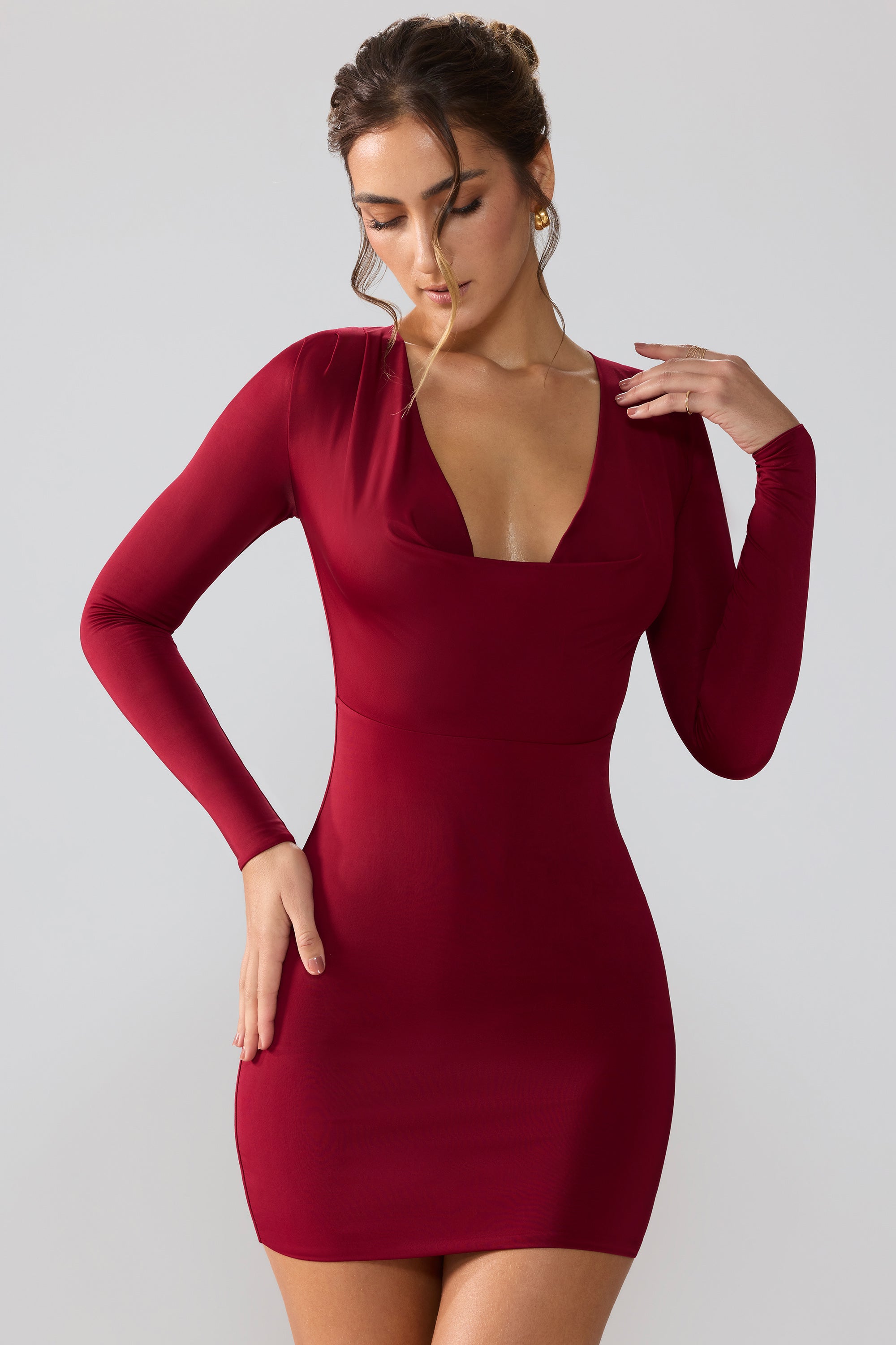 Slinky Jersey Long Sleeve Plunge Neck Mini Dress in Ruby、mySite、solidvoid